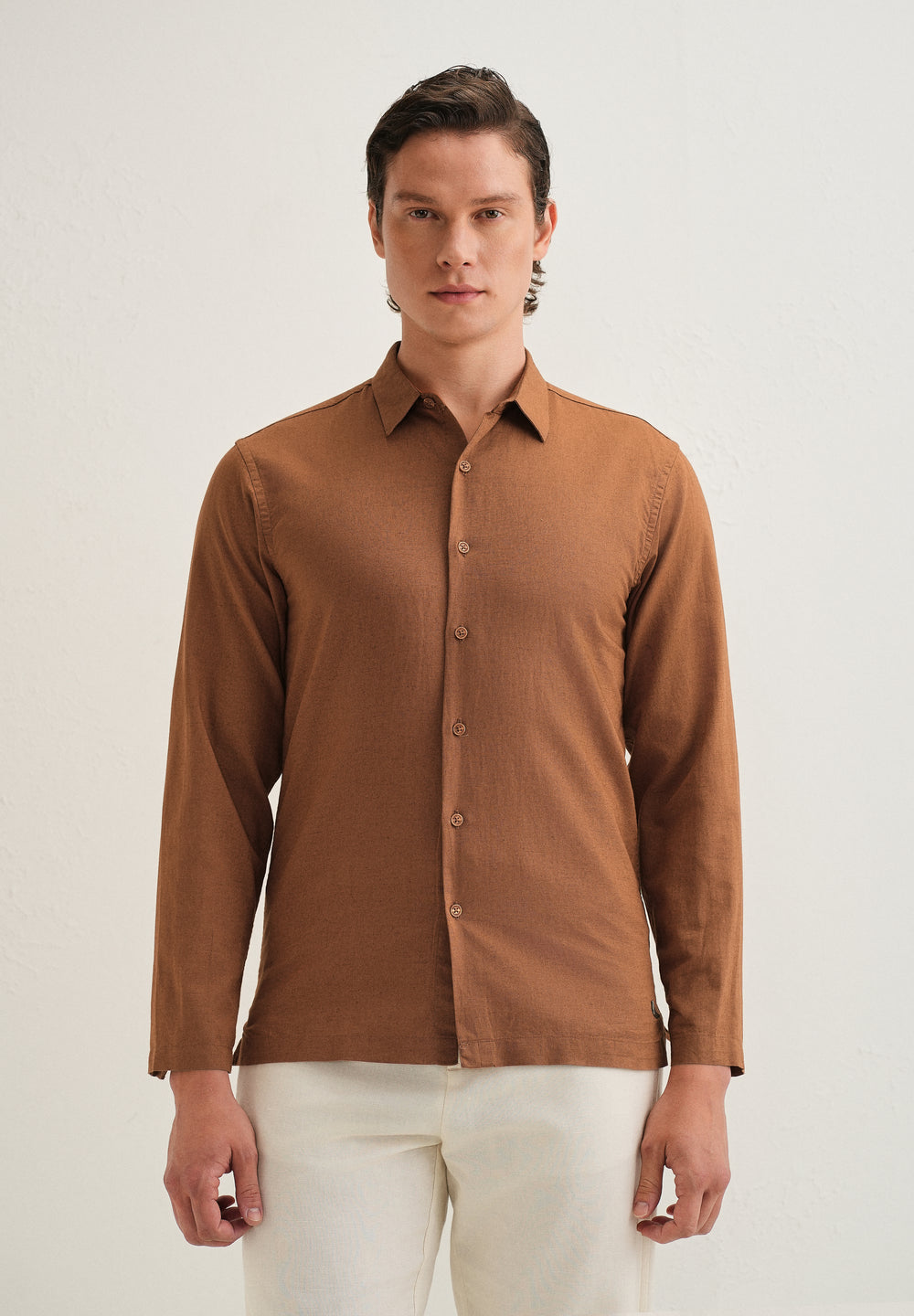 Terracotta Brown Hidden Sleeve Placket Cotton Linen Shirt