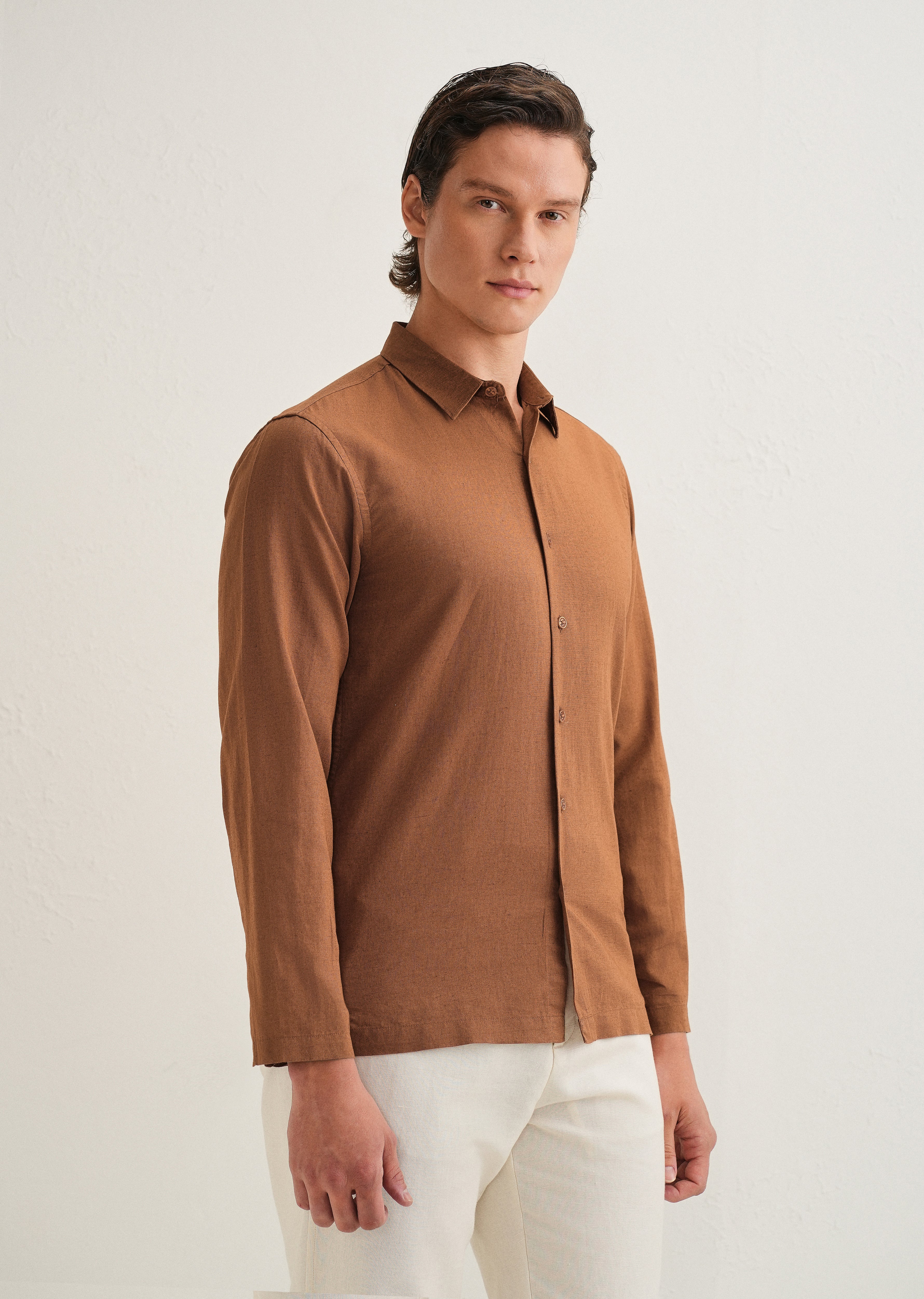 Terracotta Brown Hidden Sleeve Placket Cotton Linen Shirt