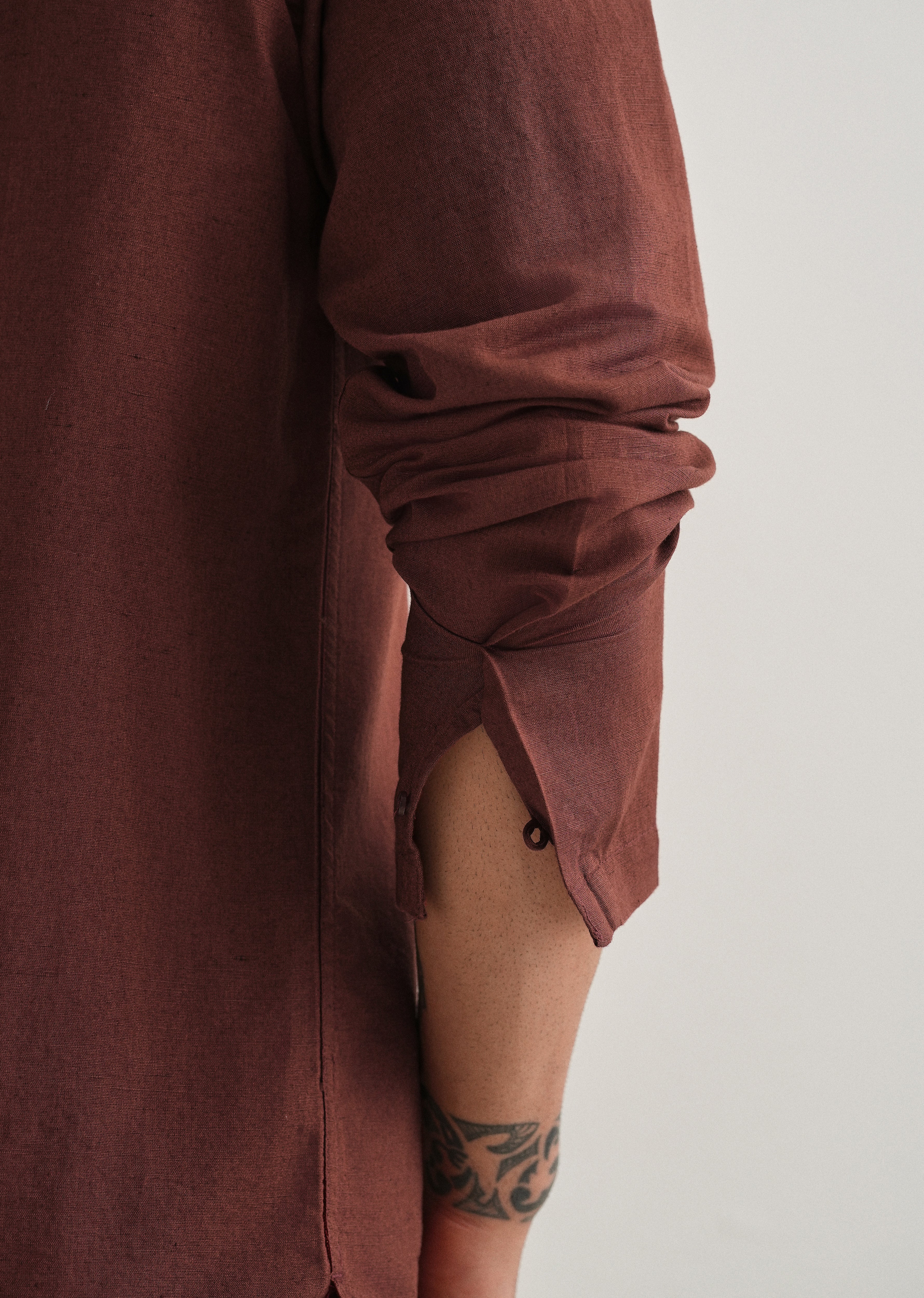 Brown Hidden Sleeve Placket Cotton Linen Shirt