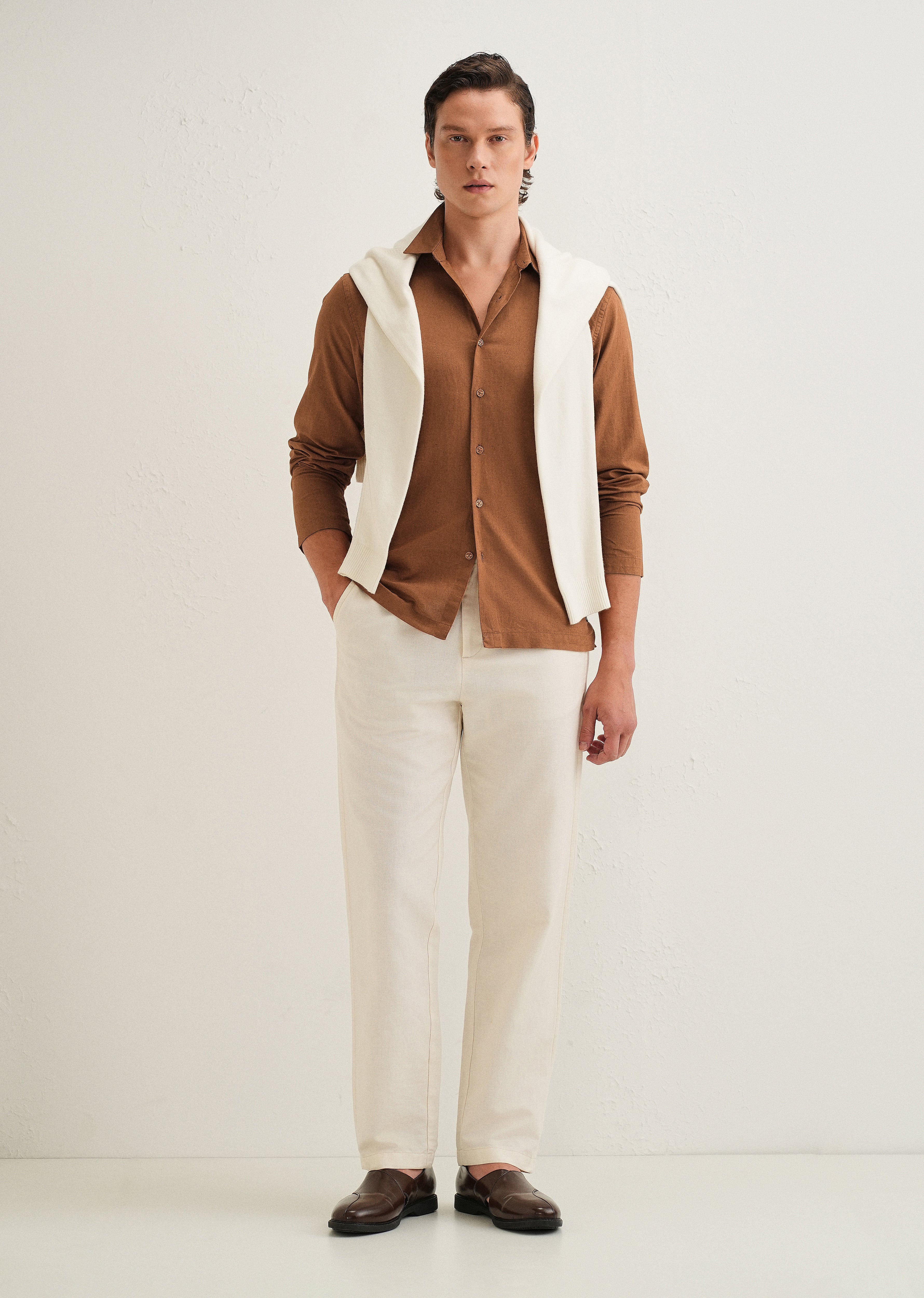Terracotta Brown Hidden Sleeve Placket Cotton Linen Shirt