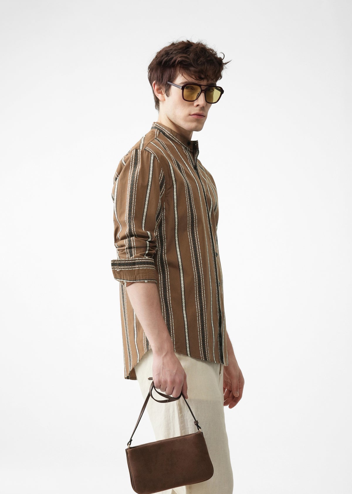 Brown Jacquard Stripe Cotton Shirt