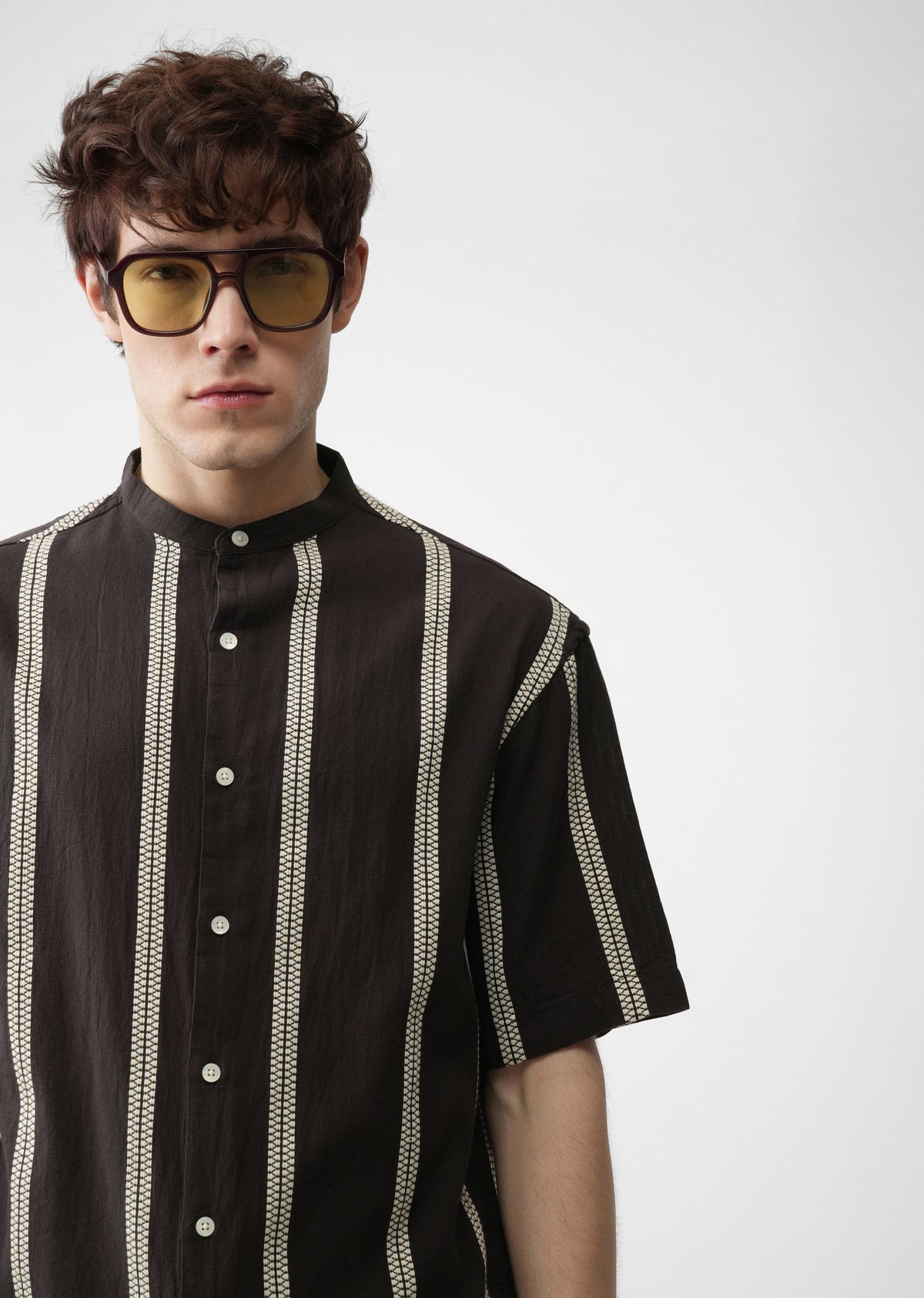 Dark Brown Jacquard Stripe Cotton Shirt