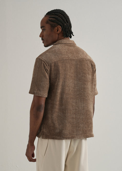Brown Suede Knit Cuban Collar Shirt