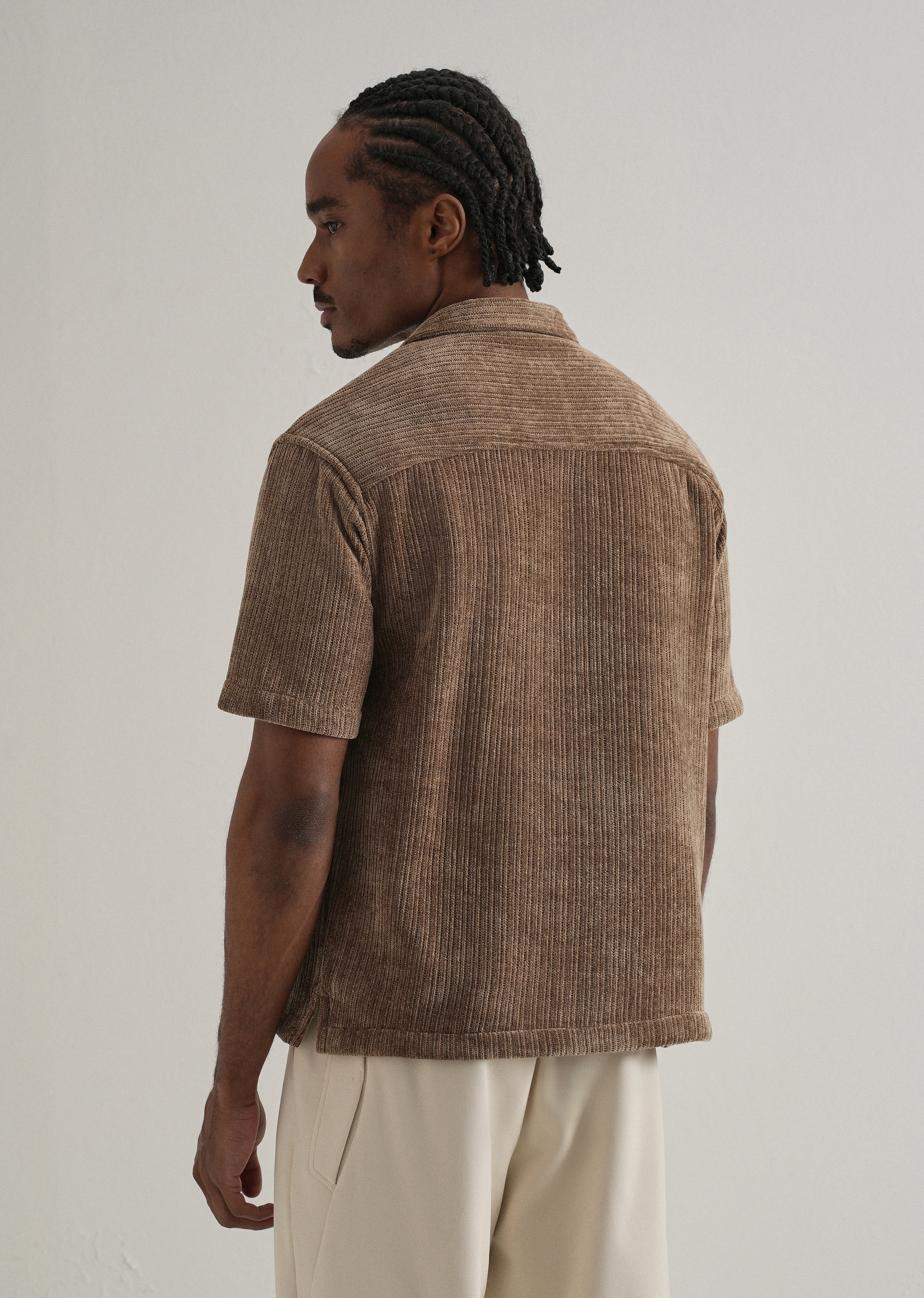 Brown Suede Knit Cuban Collar Shirt