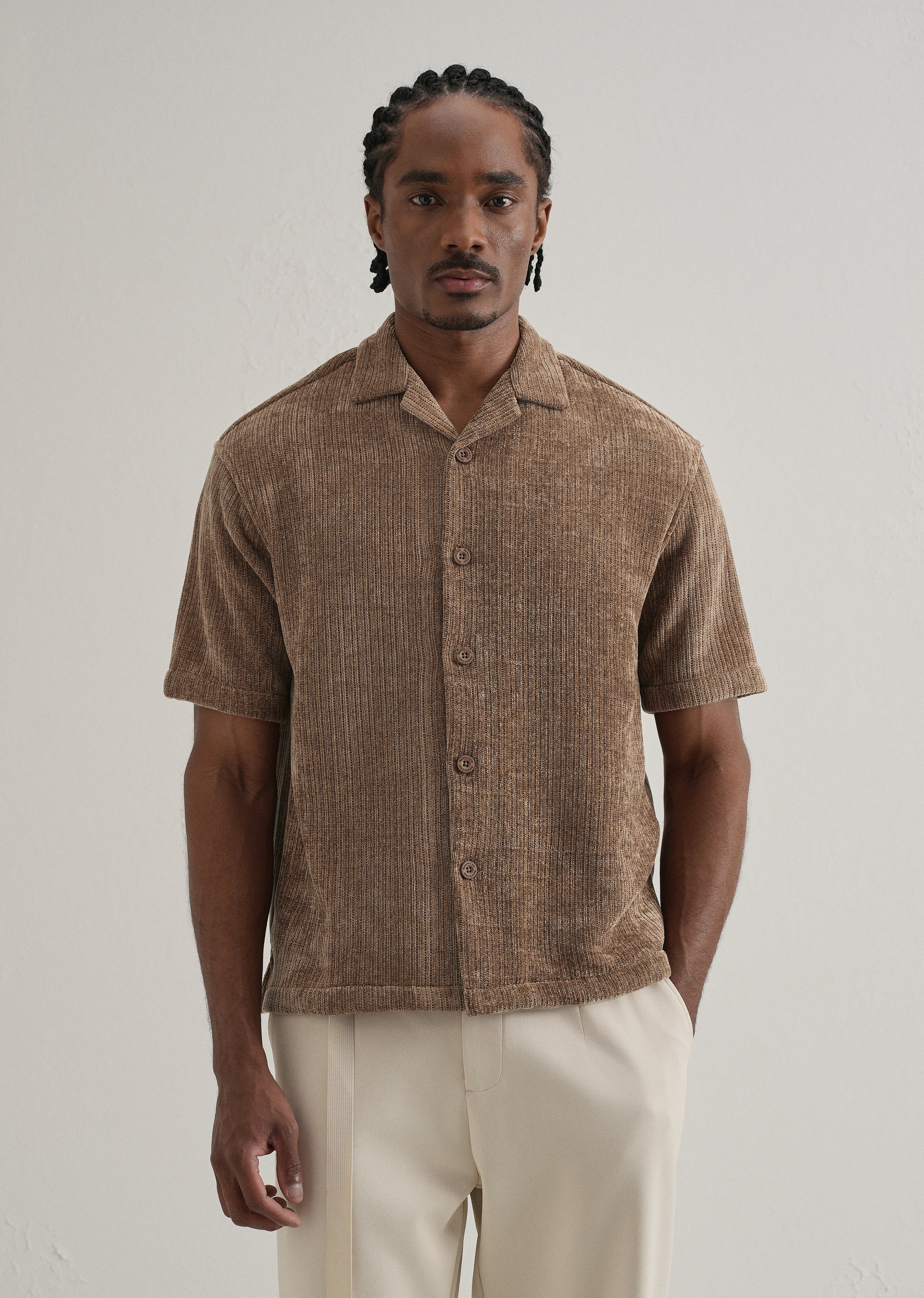 Brown Suede Knit Cuban Collar Shirt