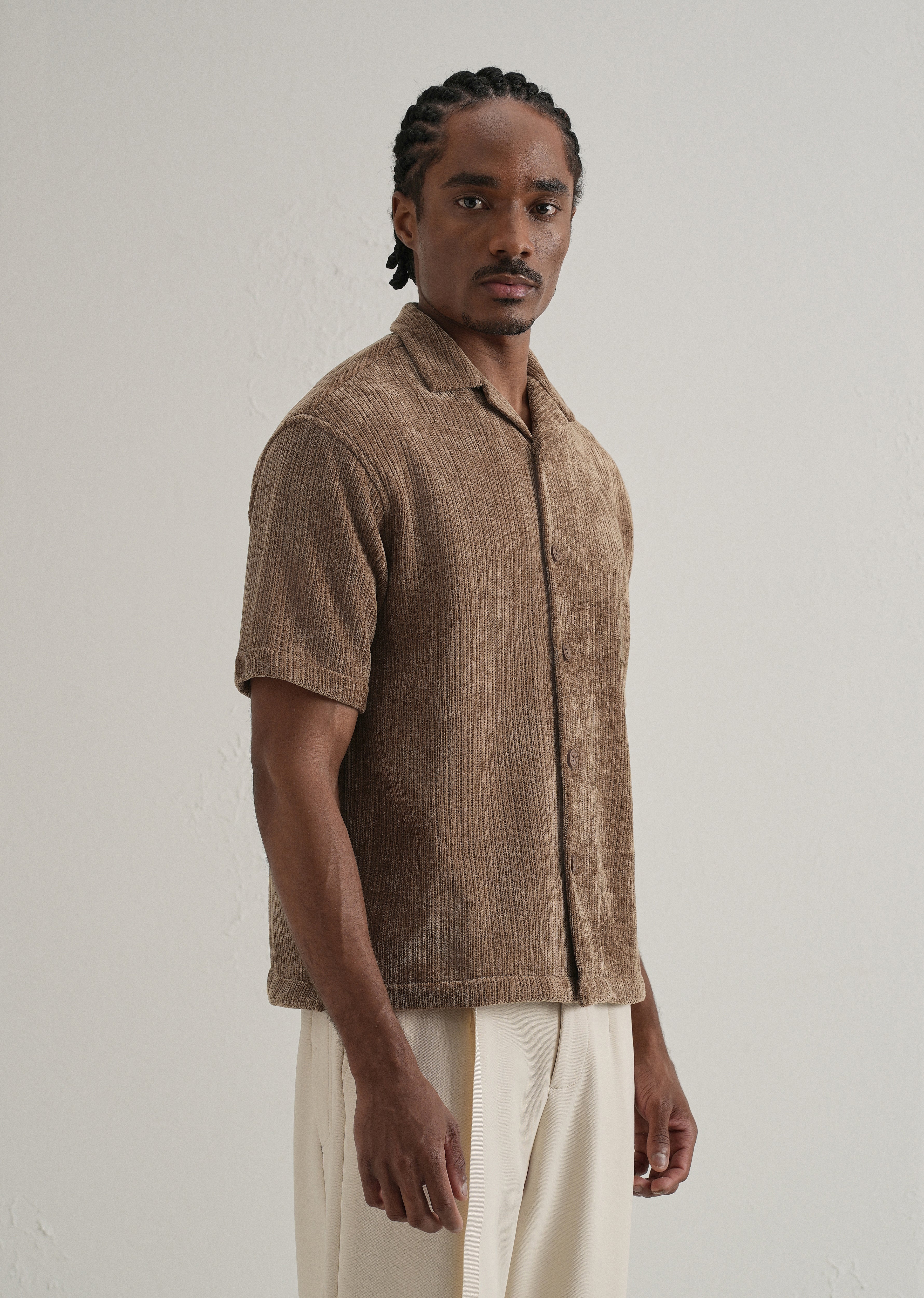 Brown Suede Knit Cuban Collar Shirt