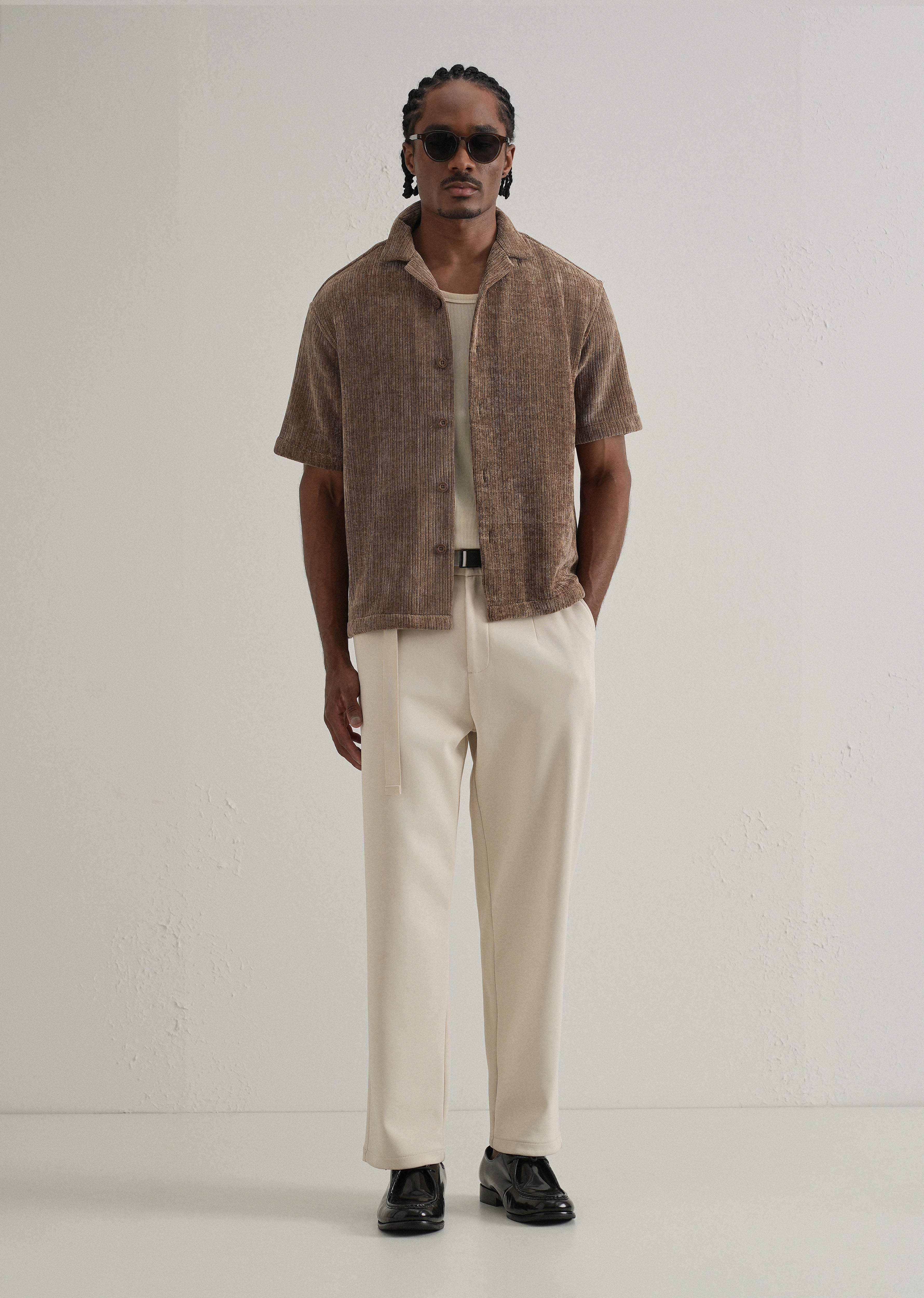 Brown Suede Knit Cuban Collar Shirt