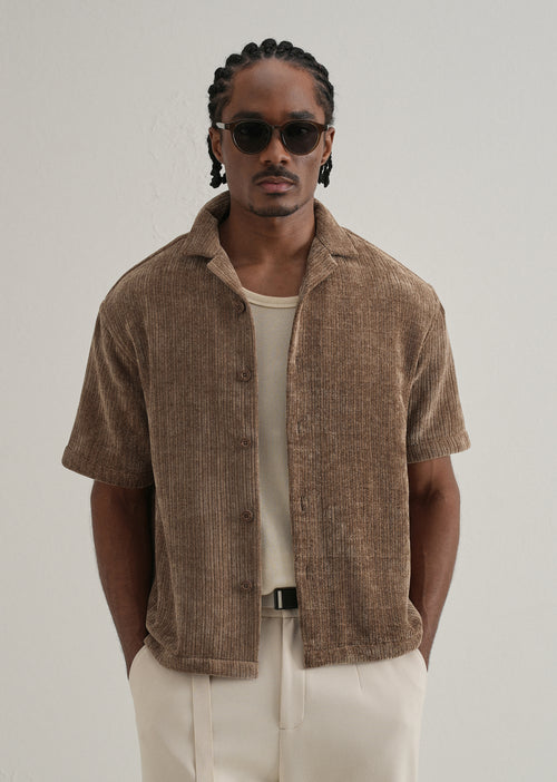 Brown Suede Knit Cuban Collar Shirt