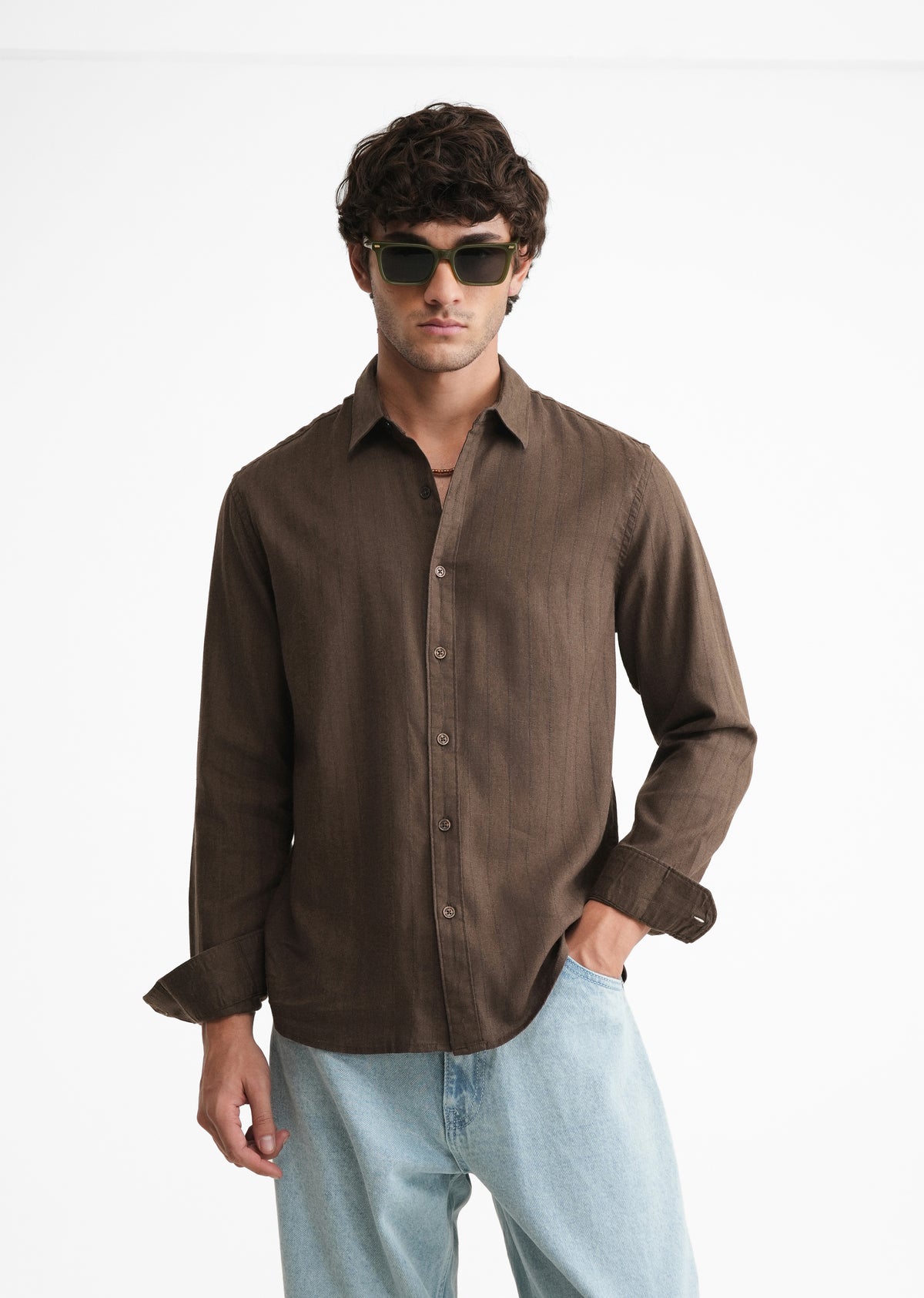 Brown Lyocell Cotton Self-Stripe Shirt