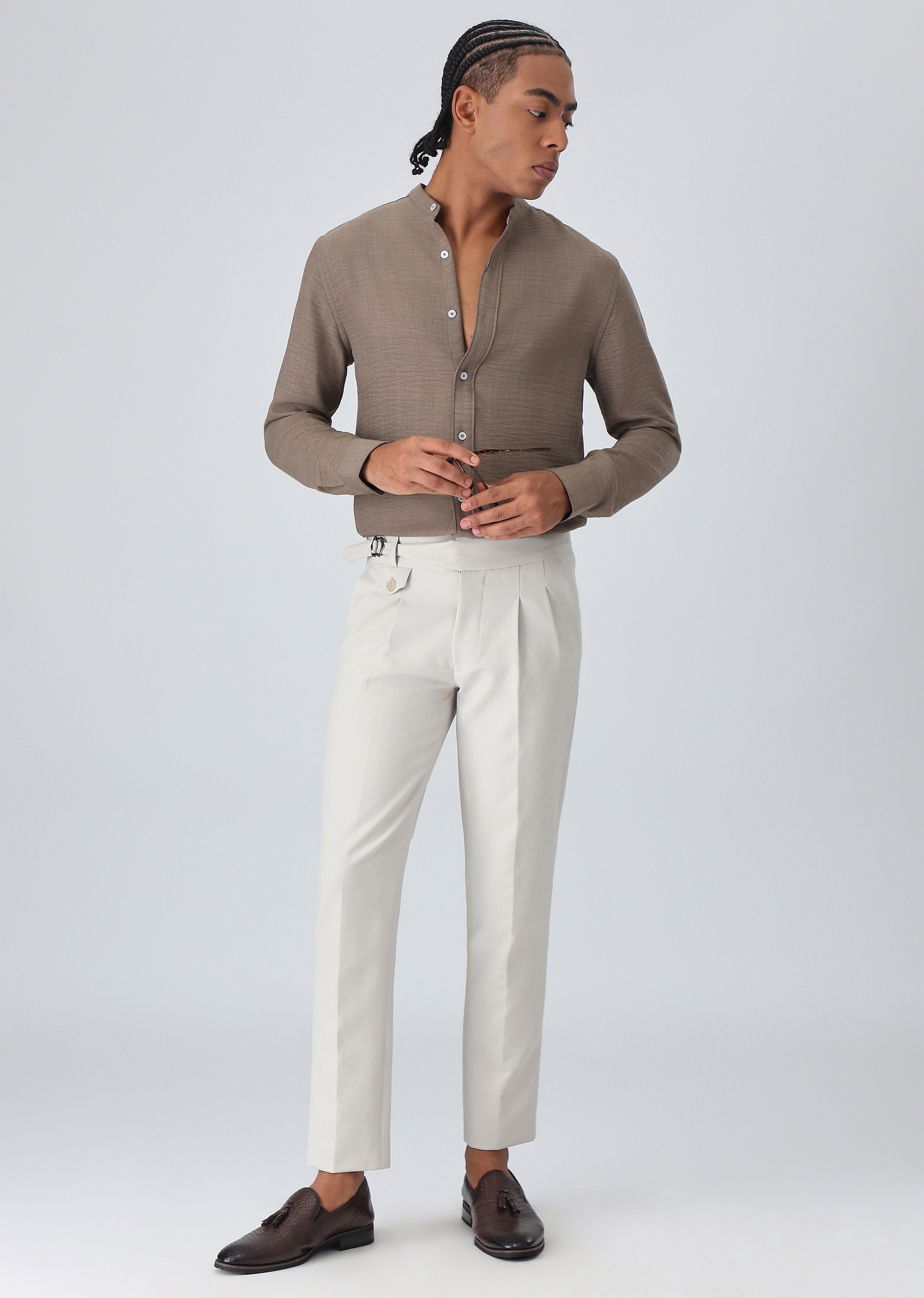 Light Brown Plain Mandarin Collar Shirt