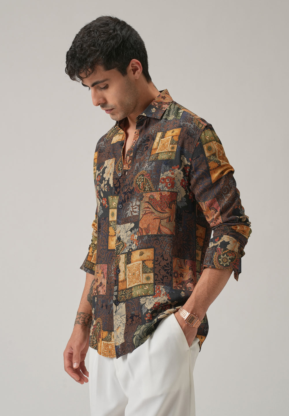 Brown Mosaic Print Feather Shirt