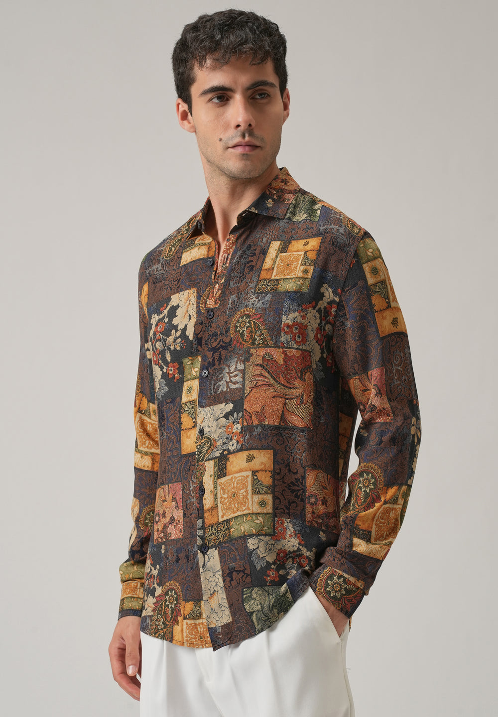 Brown Mosaic Print Feather Shirt