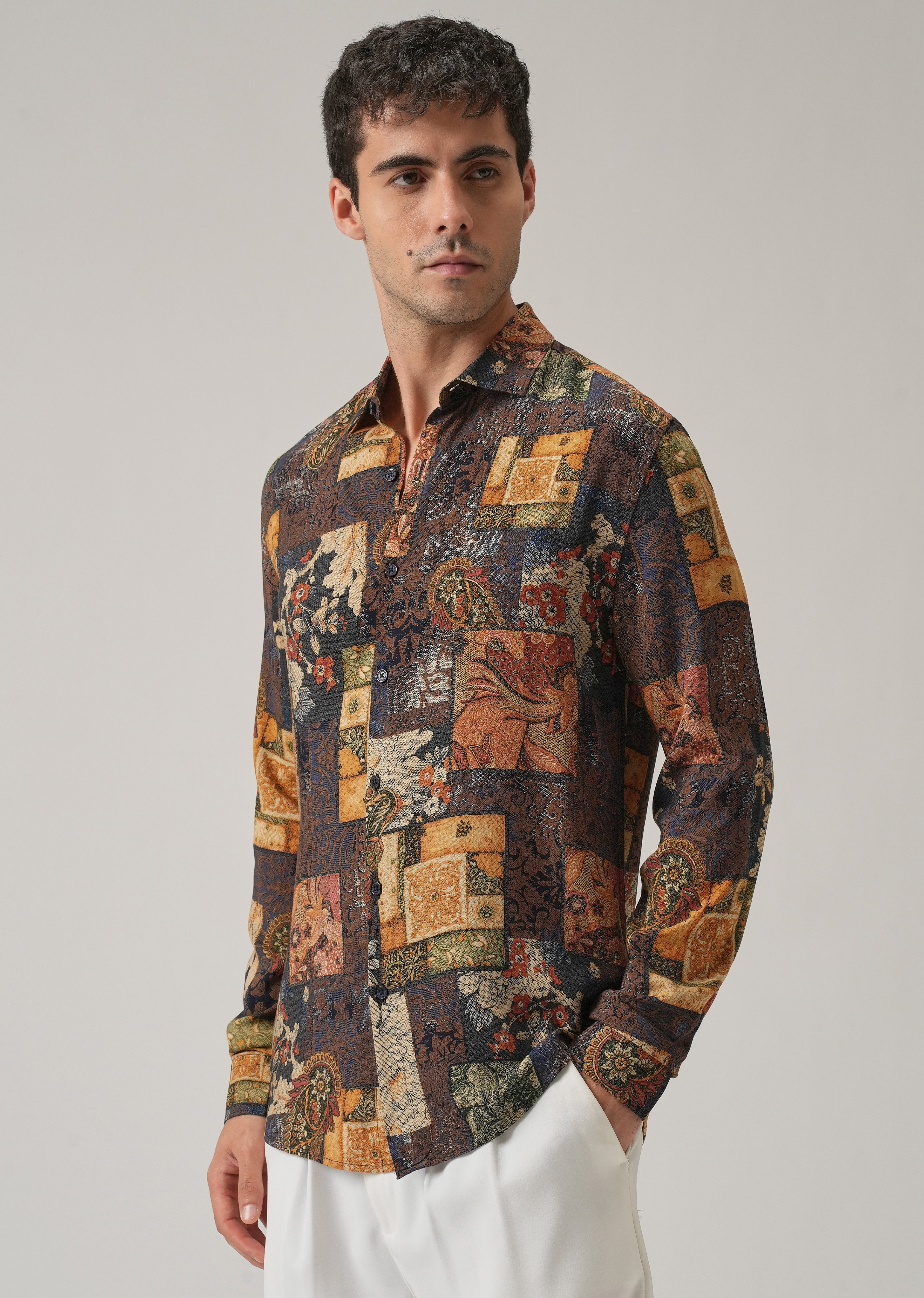 Brown Mosaic Print Feather Shirt
