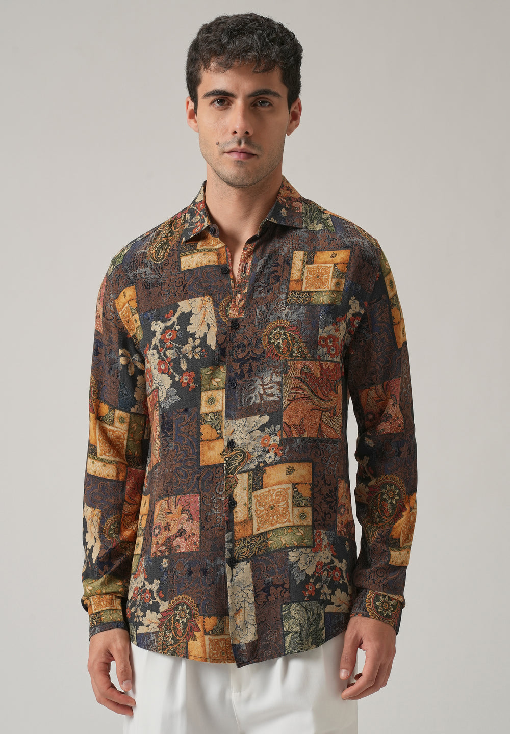 Brown Mosaic Print Feather Shirt