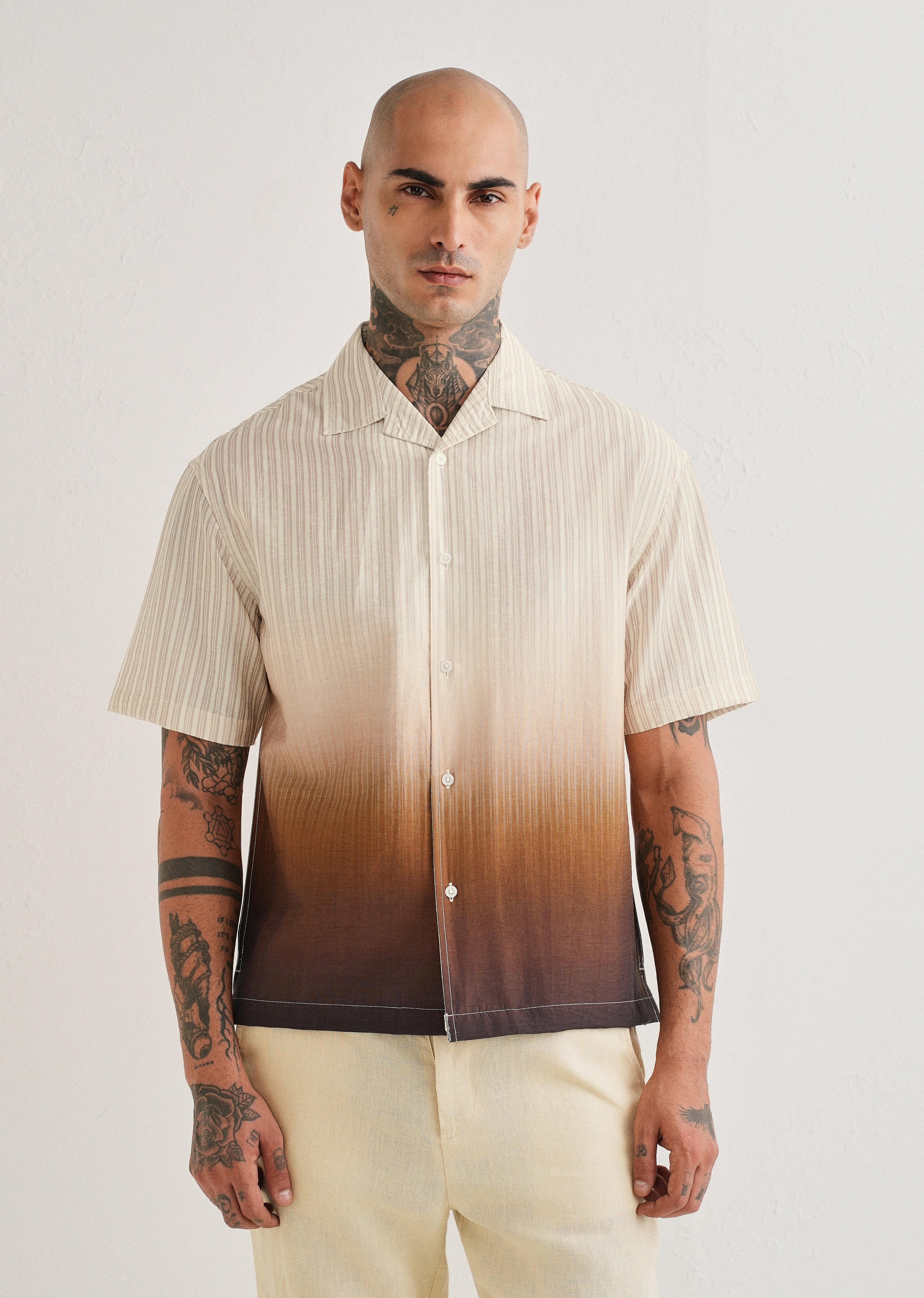 Brown Ombre Stripe Placement Print Shirt