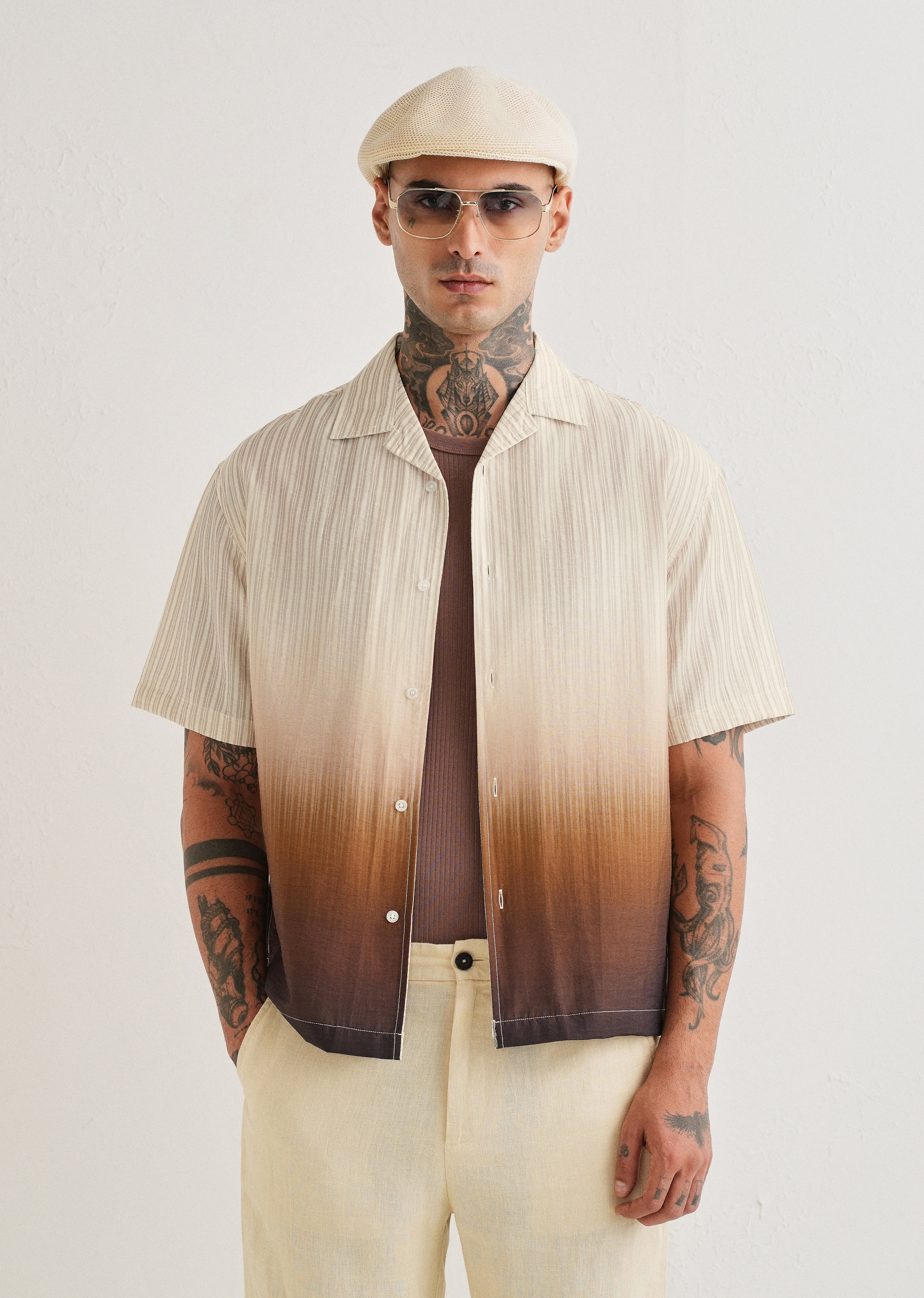 Brown Ombre Stripe Placement Print Shirt