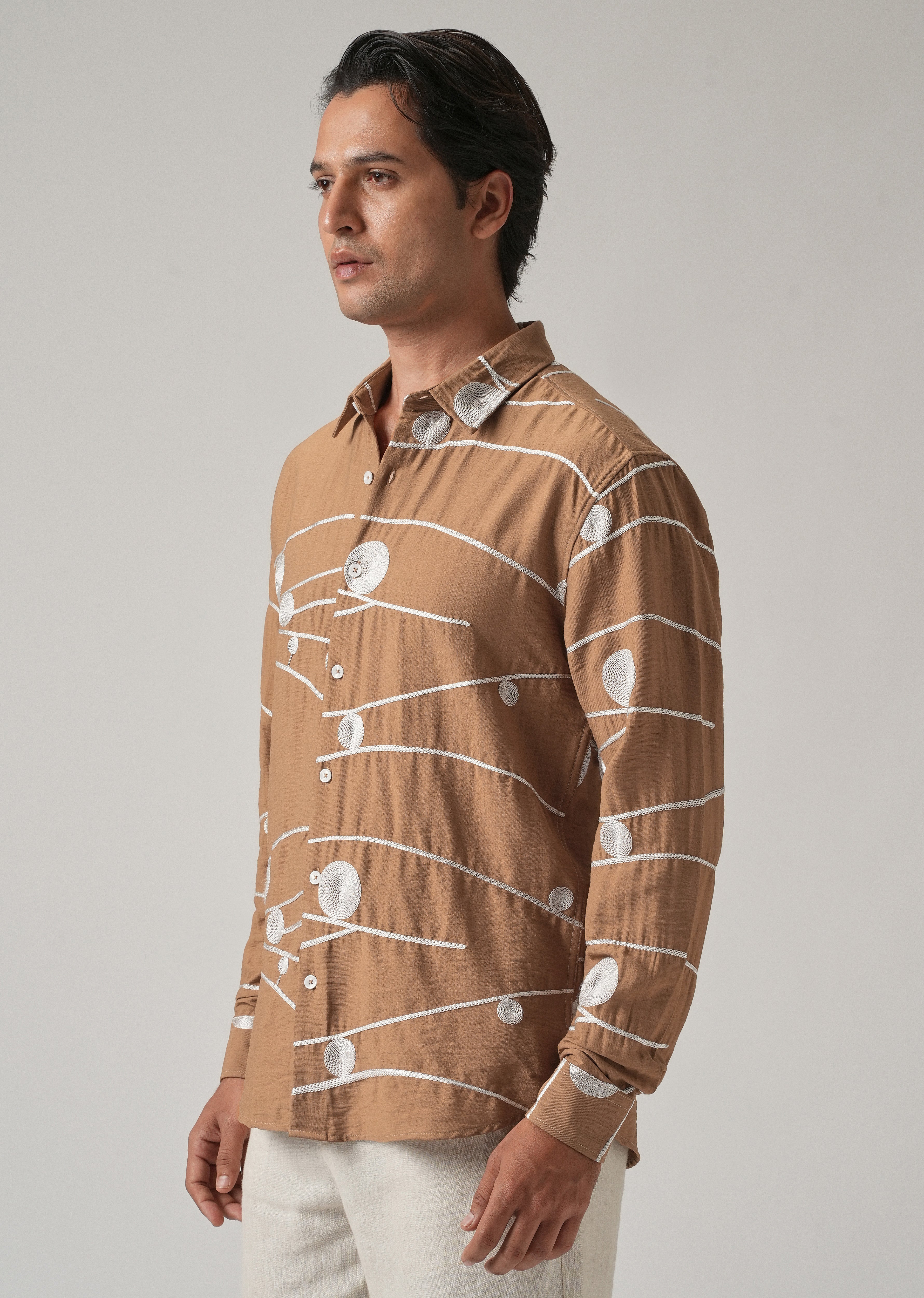 Brown Orb and Line Embroidery Shirt