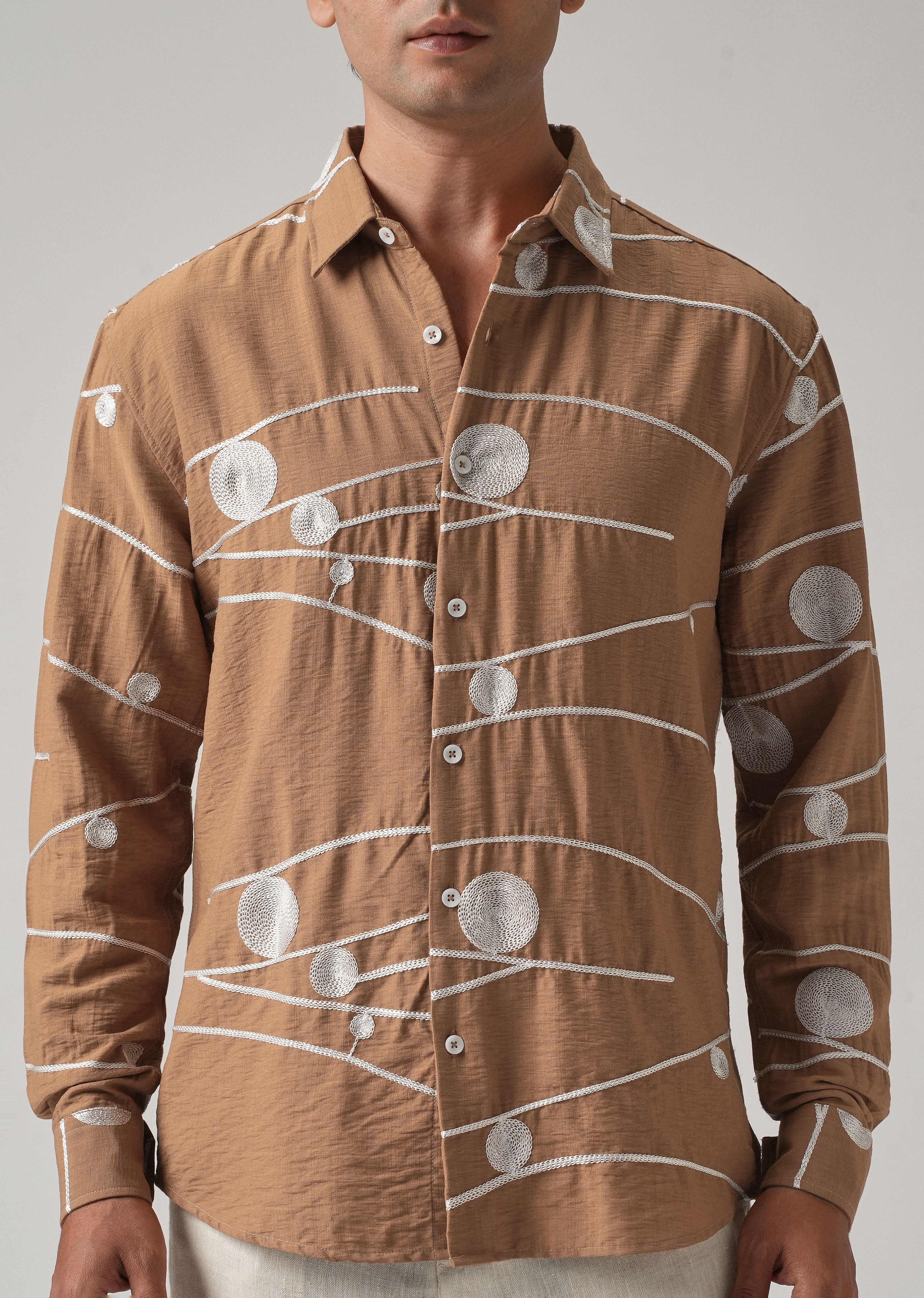 Brown Orb and Line Embroidery Shirt