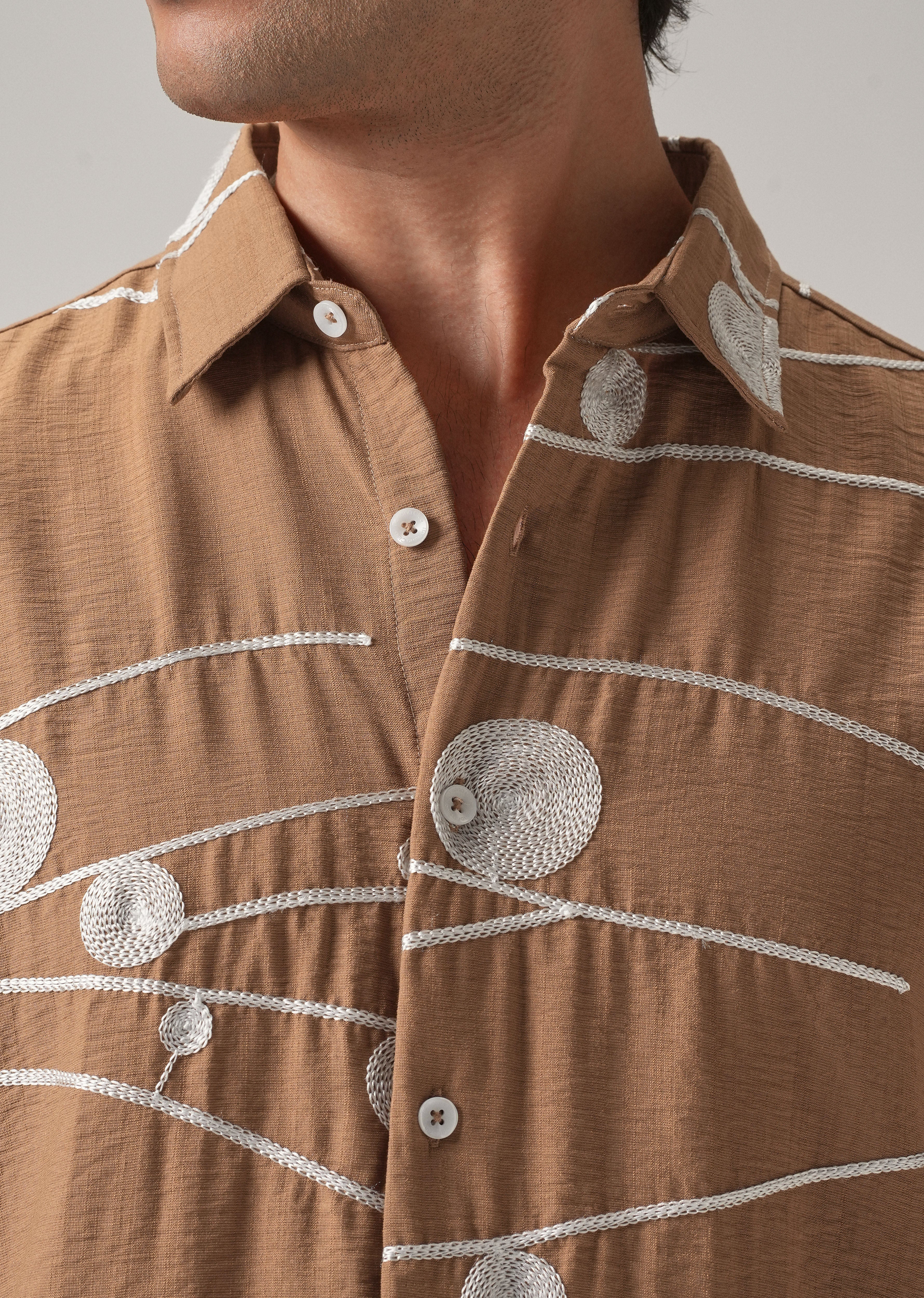 Brown Orb and Line Embroidery Shirt