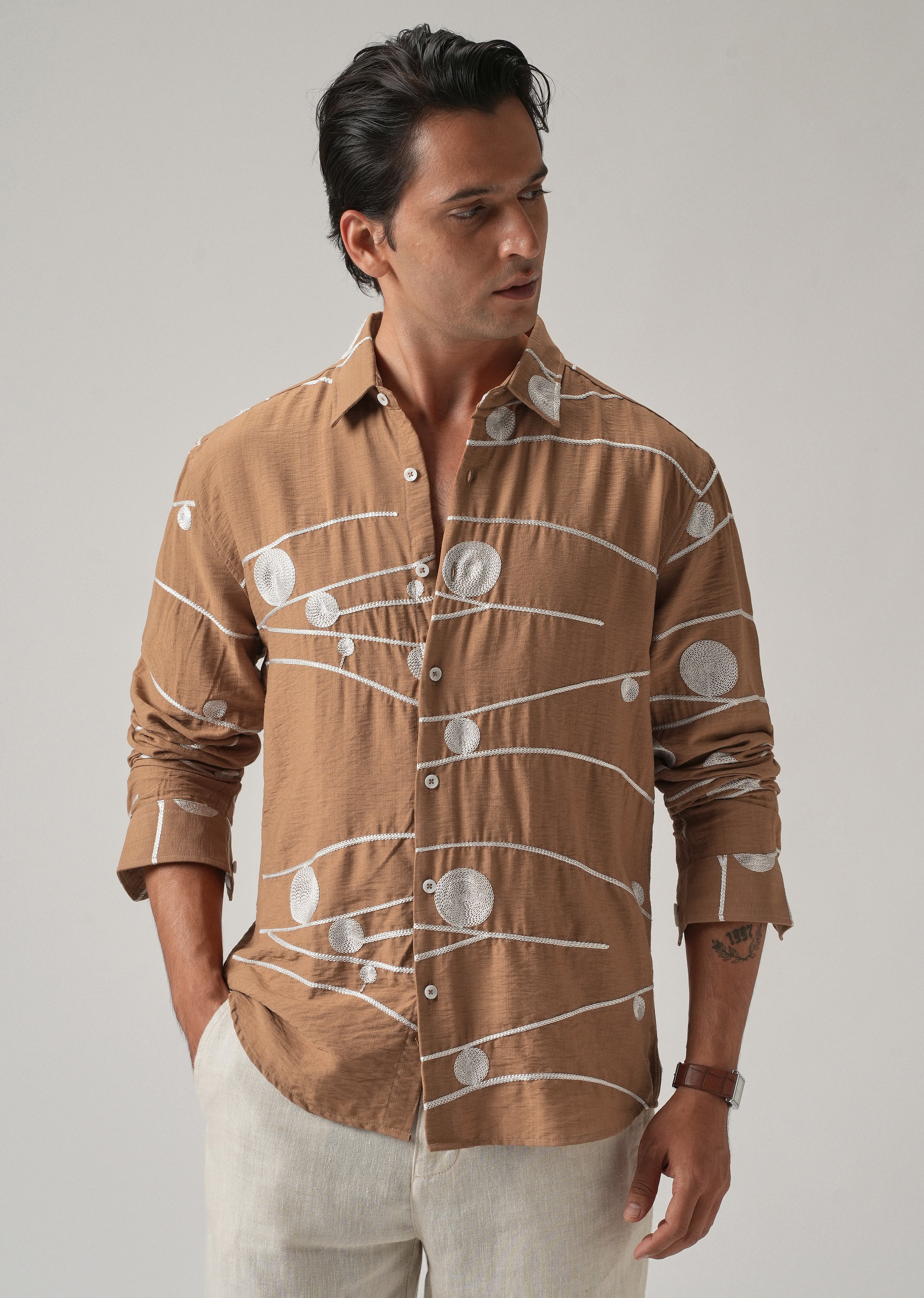 Brown Orb and Line Embroidery Shirt