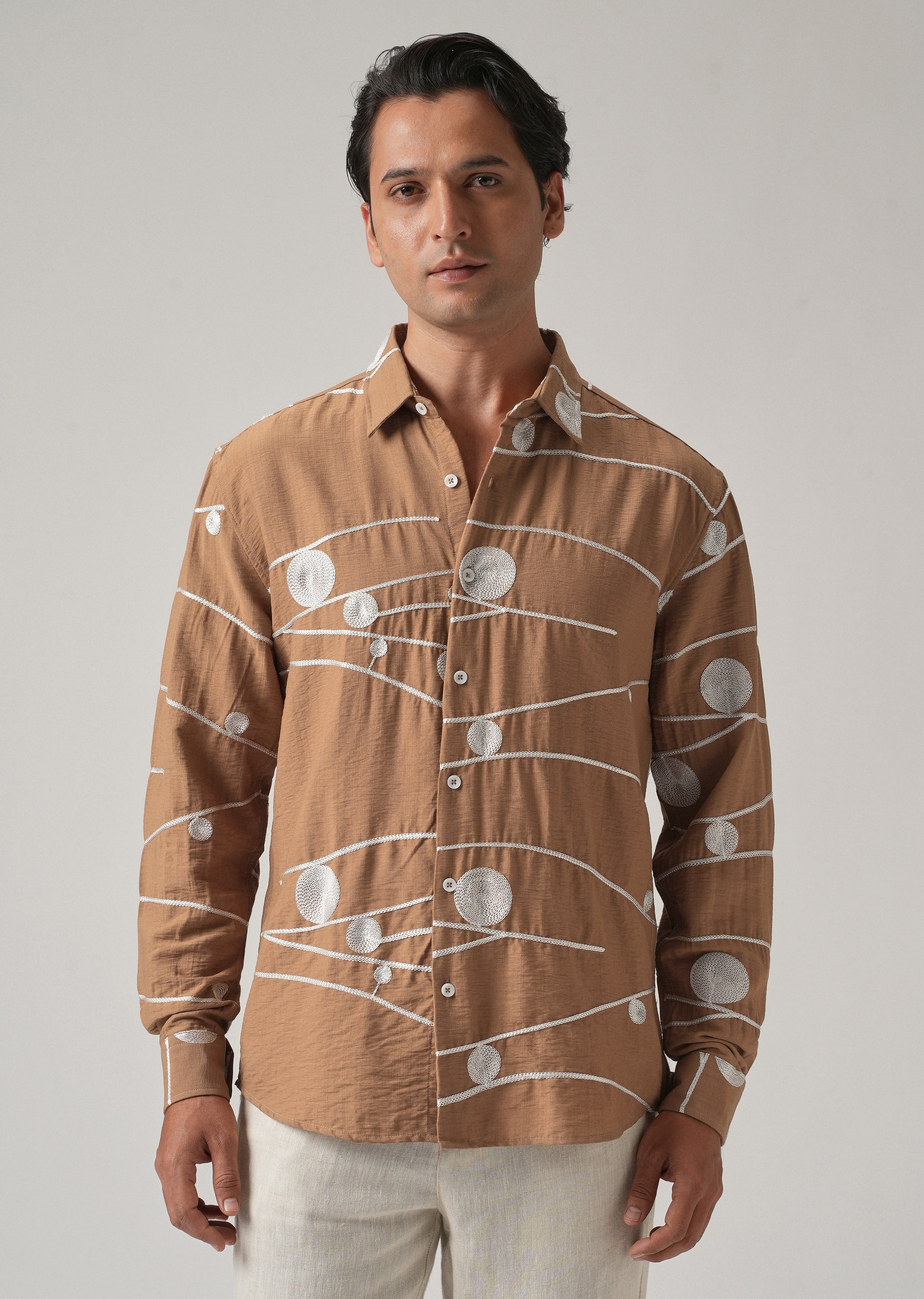 Brown Orb and Line Embroidery Shirt