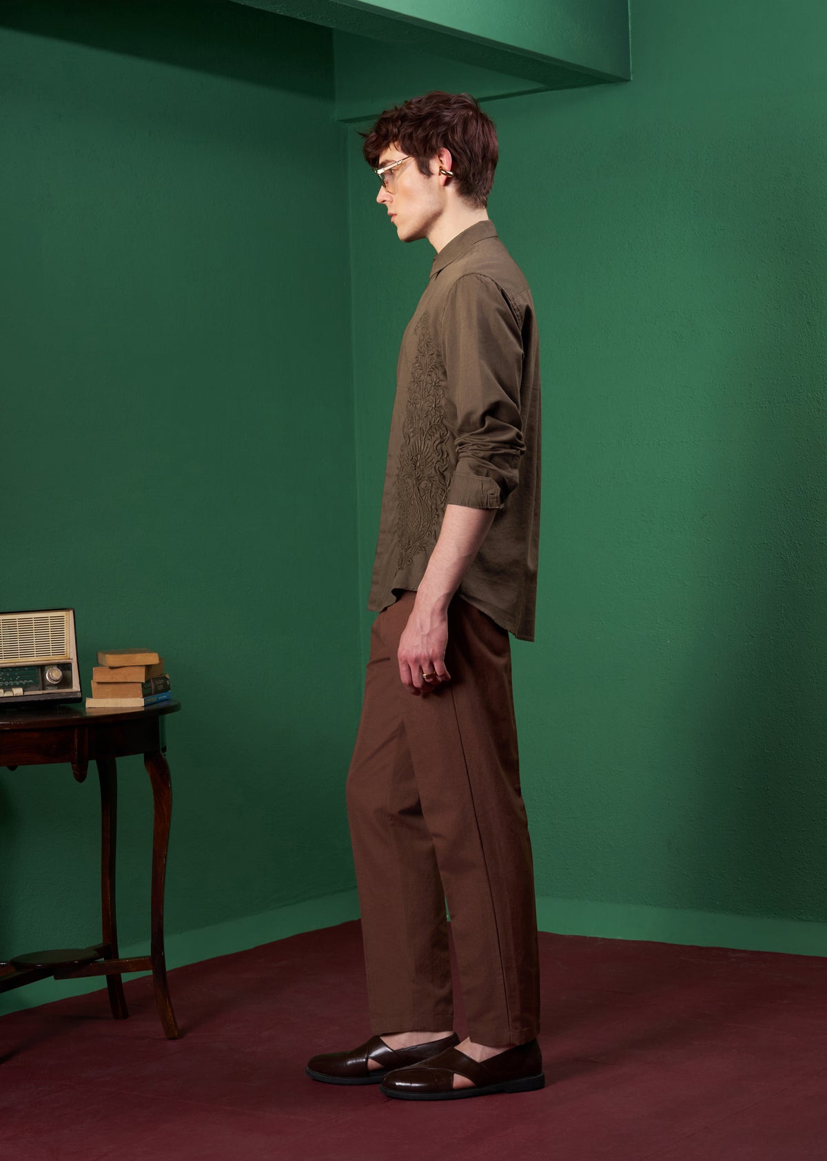 Brown Paisley Embroidered Linen Shirt