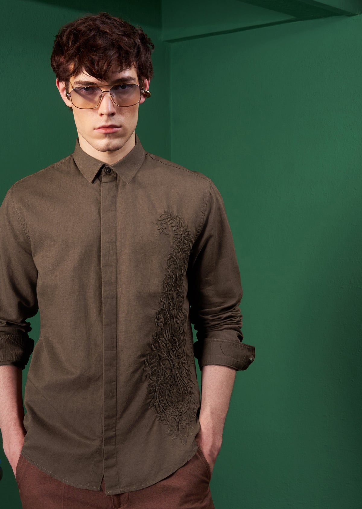 Brown Paisley Embroidered Linen Shirt