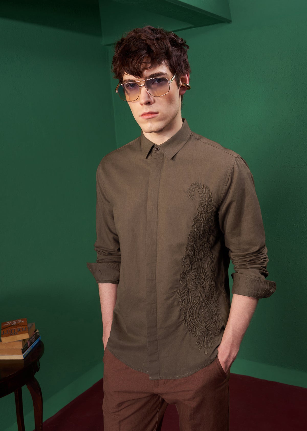 Brown Paisley Embroidered Linen Shirt