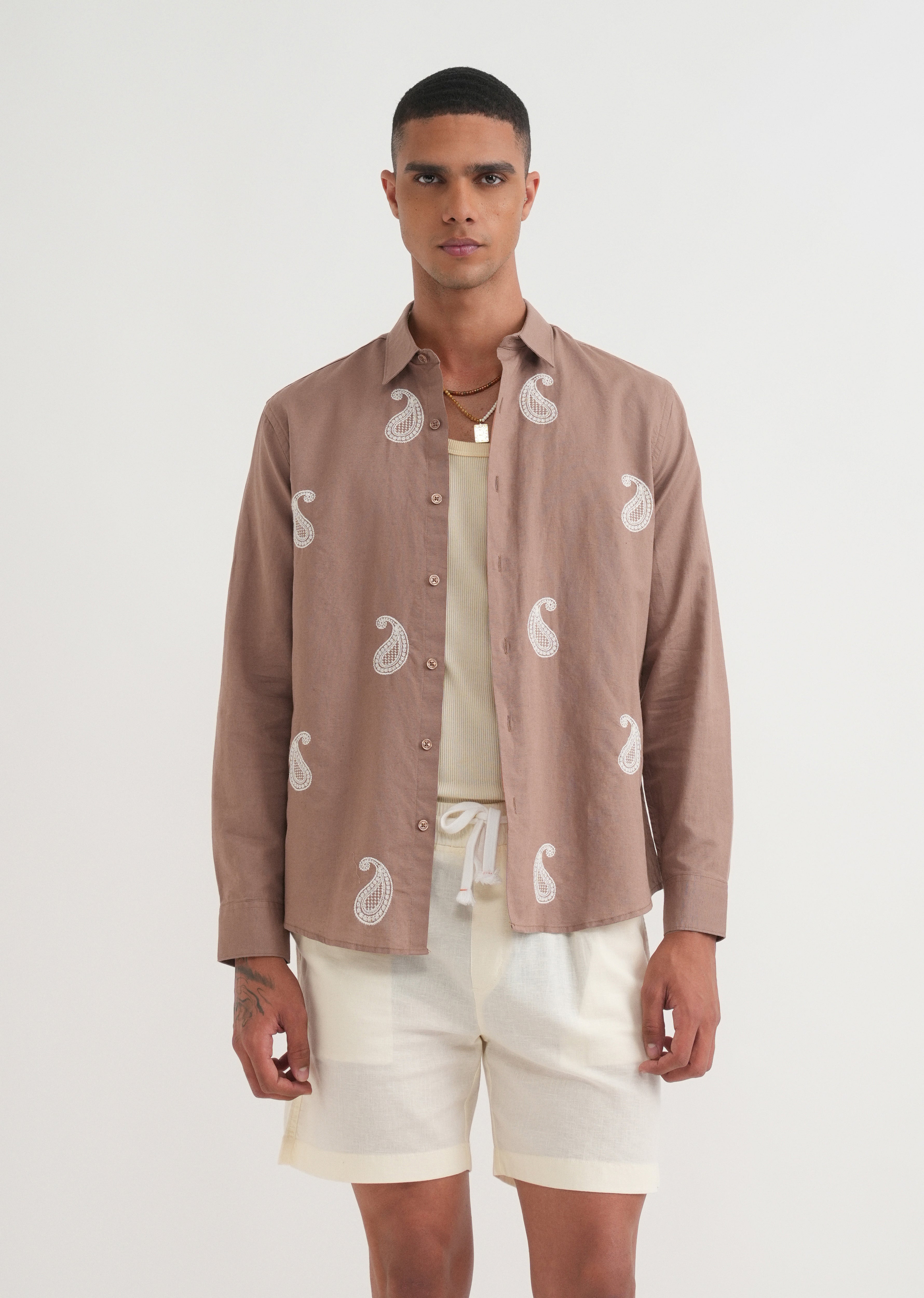 Brown Paisley Embroidery Shirt