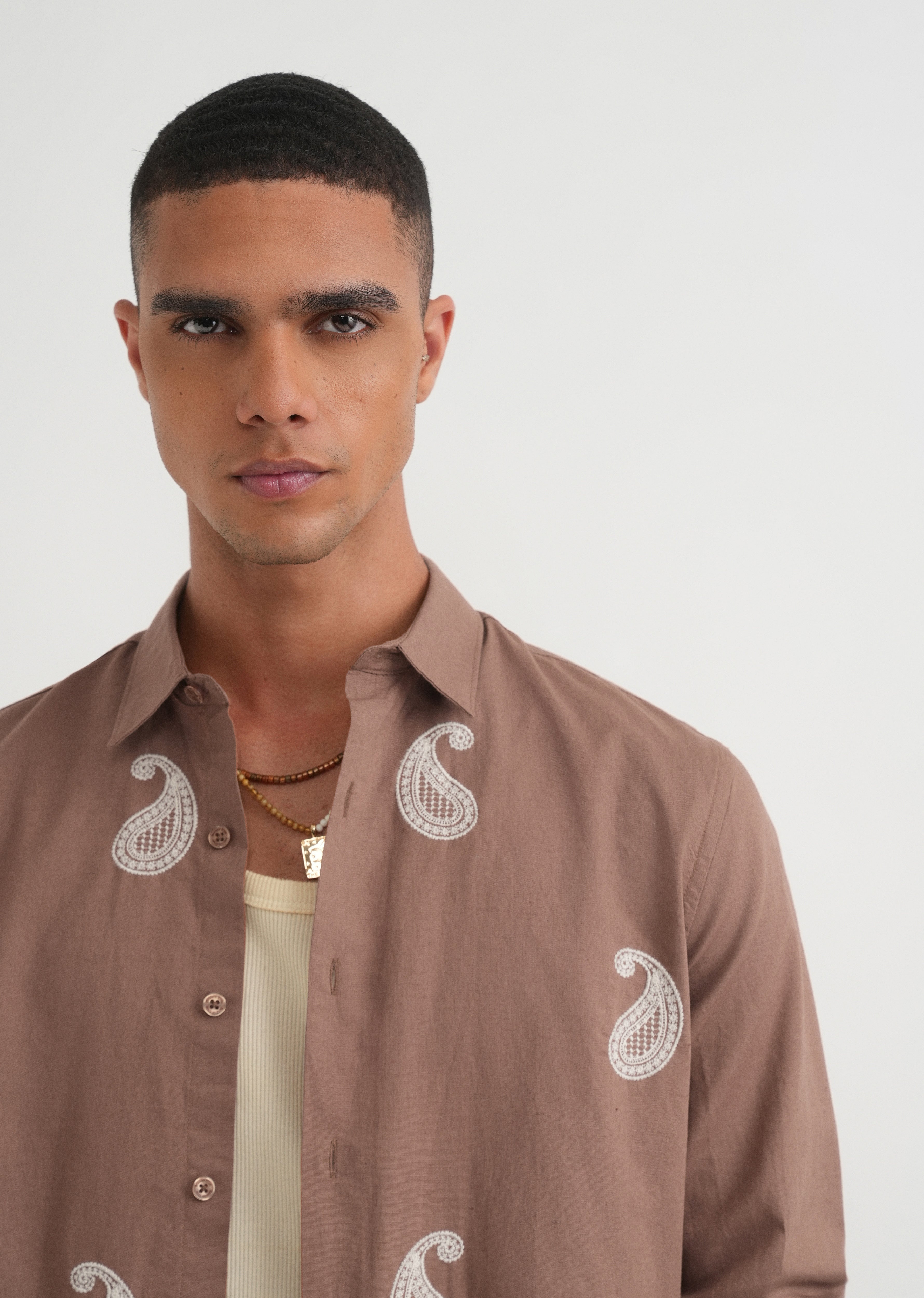 Brown Paisley Embroidery Shirt