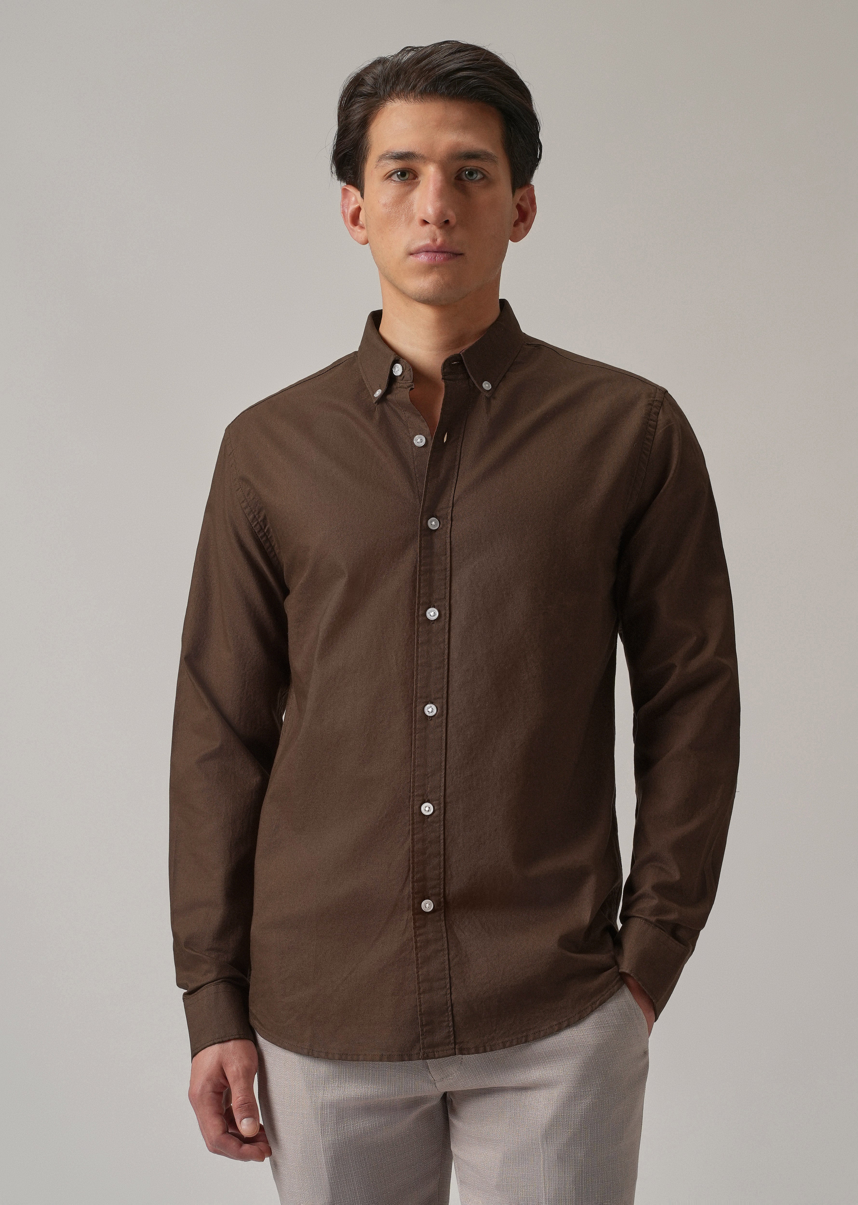 Brown Plain Elbow Patch Oxford Shirt