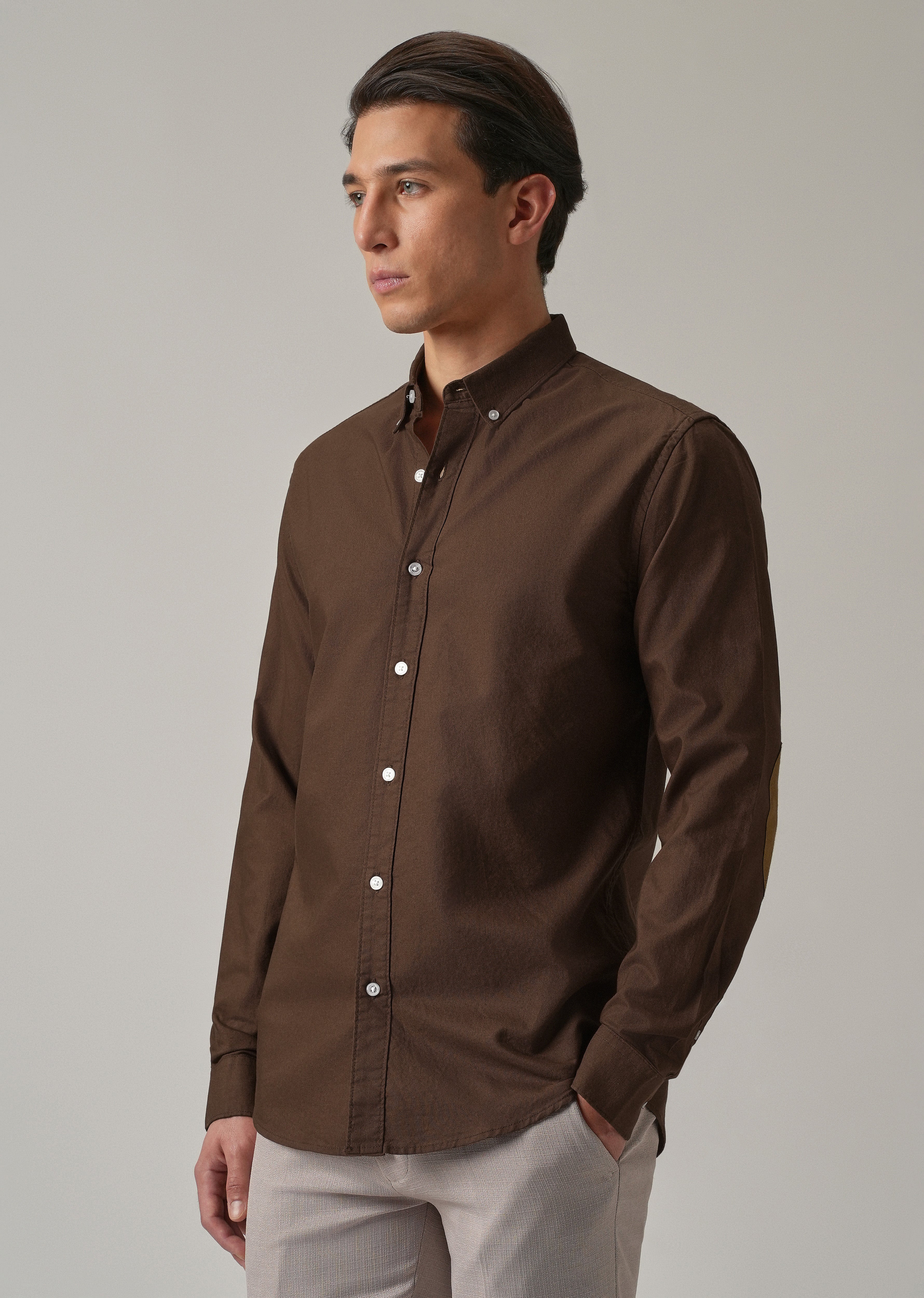 Brown Plain Elbow Patch Oxford Shirt