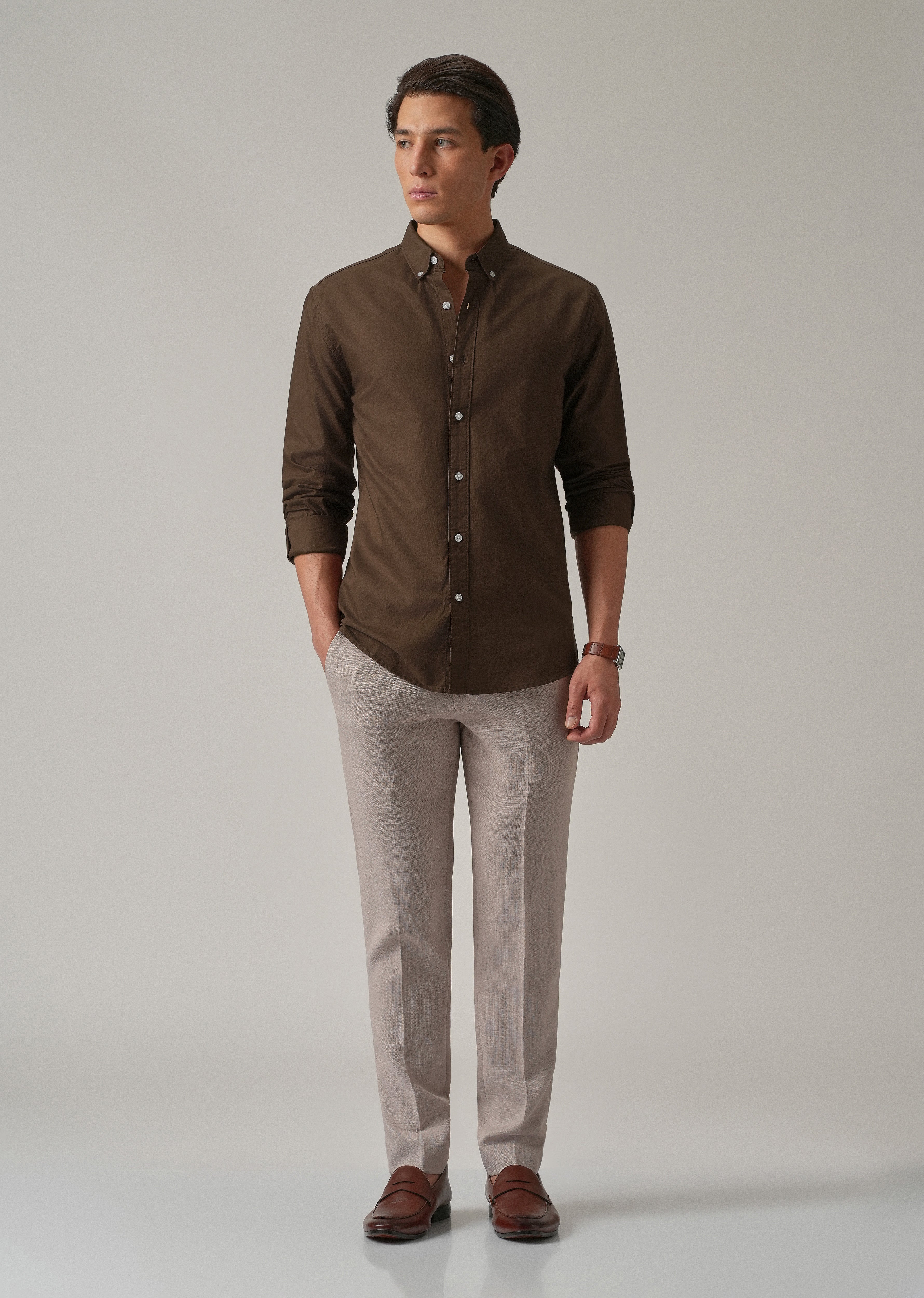 Brown Plain Elbow Patch Oxford Shirt