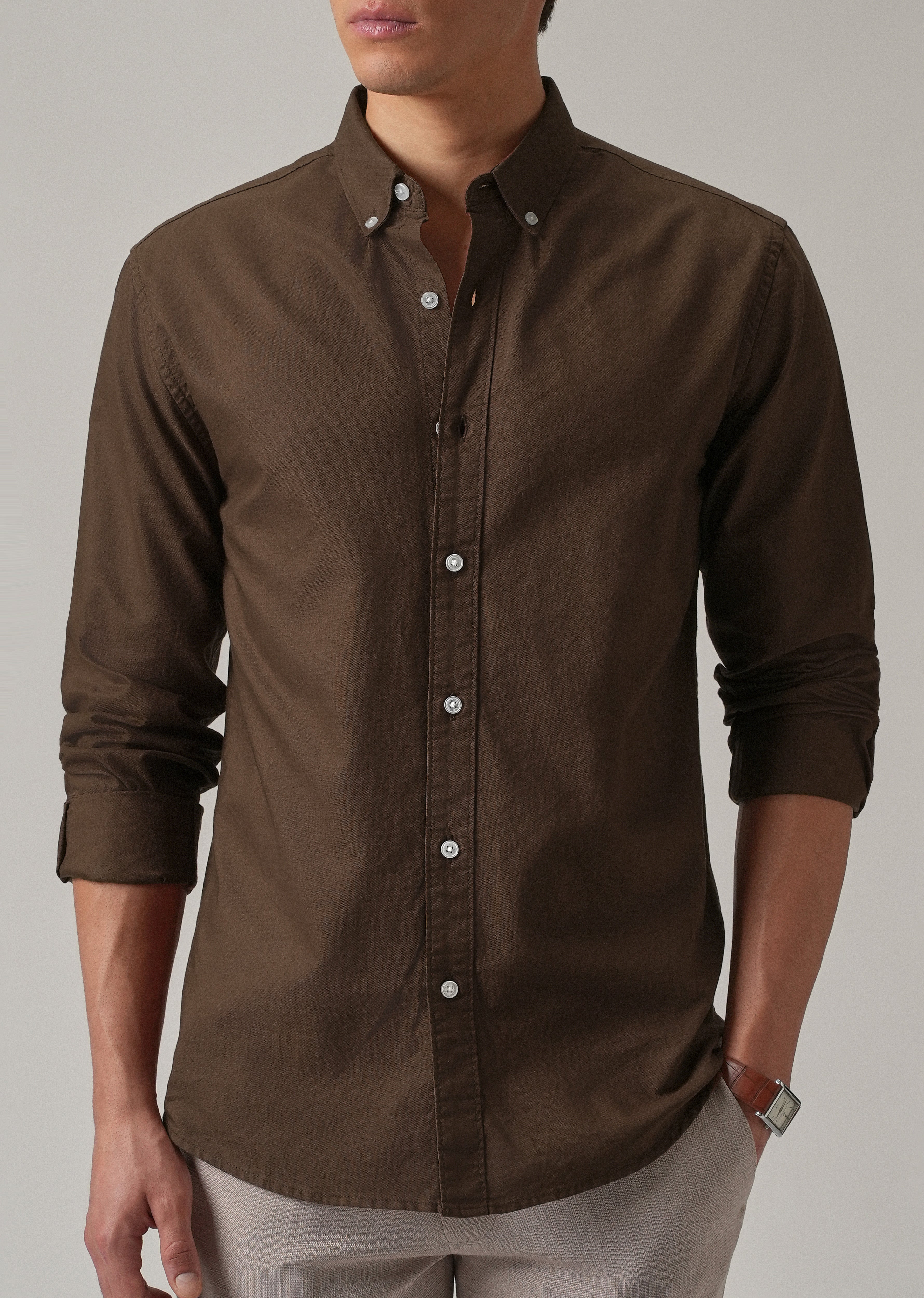 Brown Plain Elbow Patch Oxford Shirt