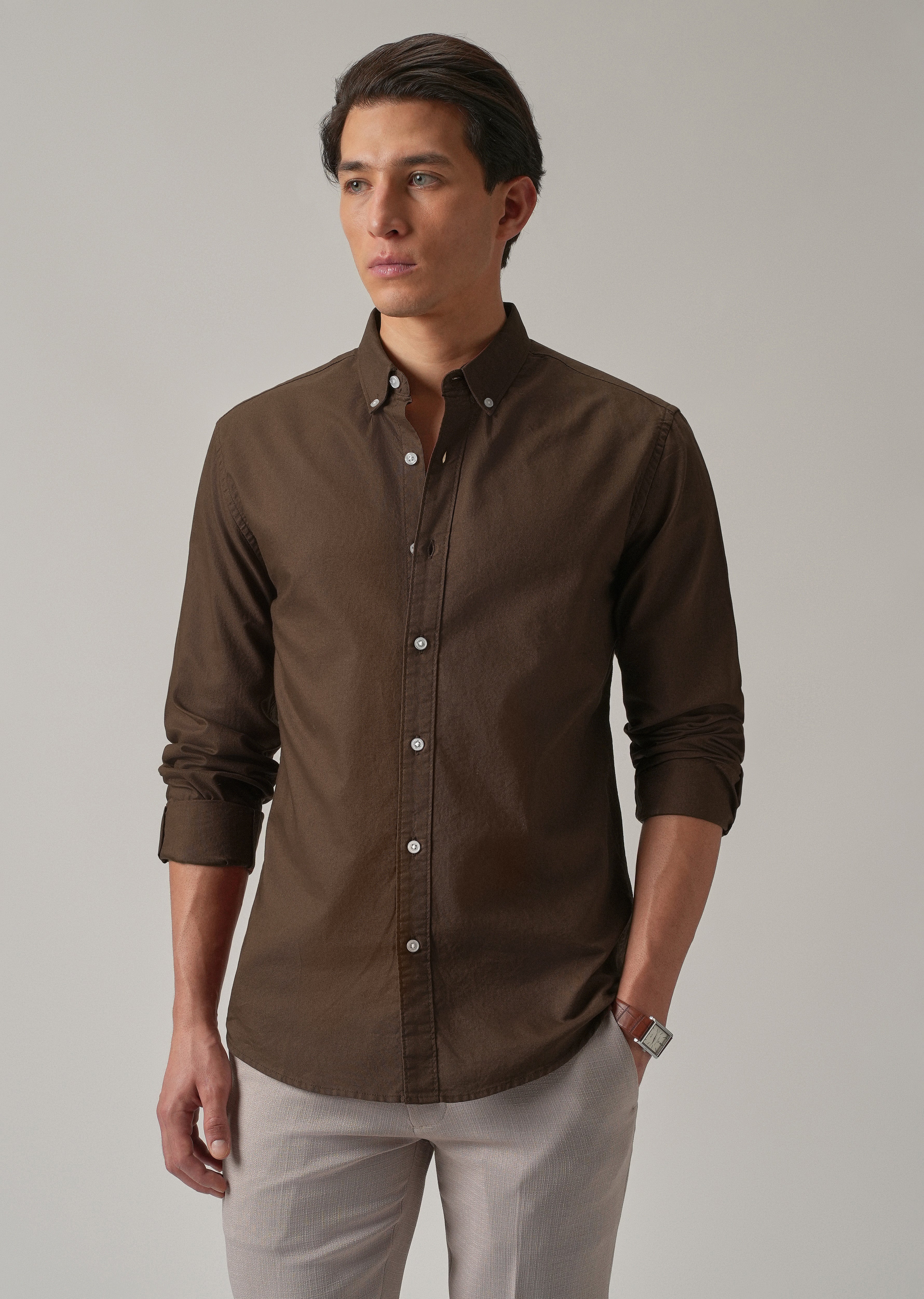 Brown Plain Elbow Patch Oxford Shirt
