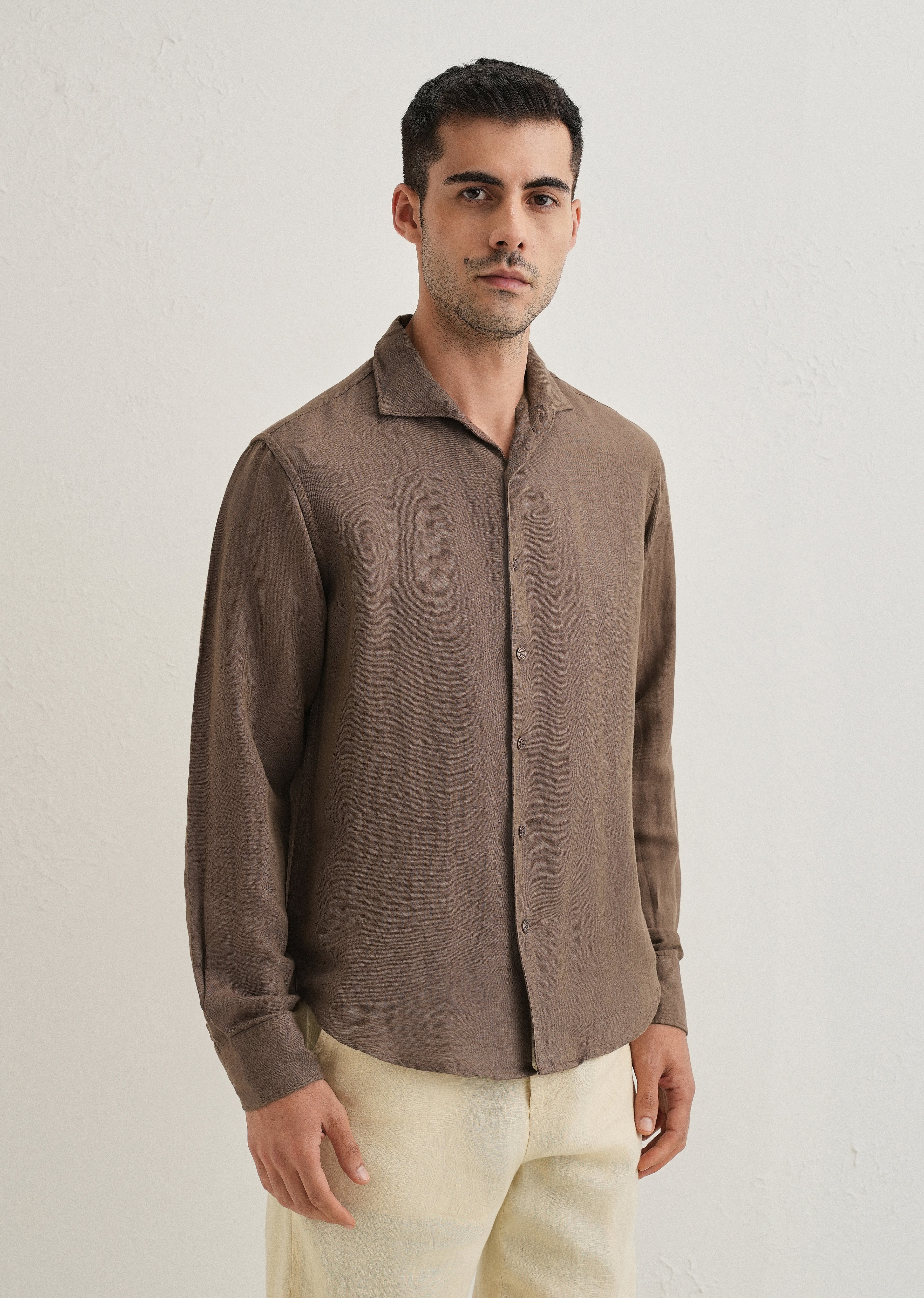 Brown Plain Linen Viscose Shirt