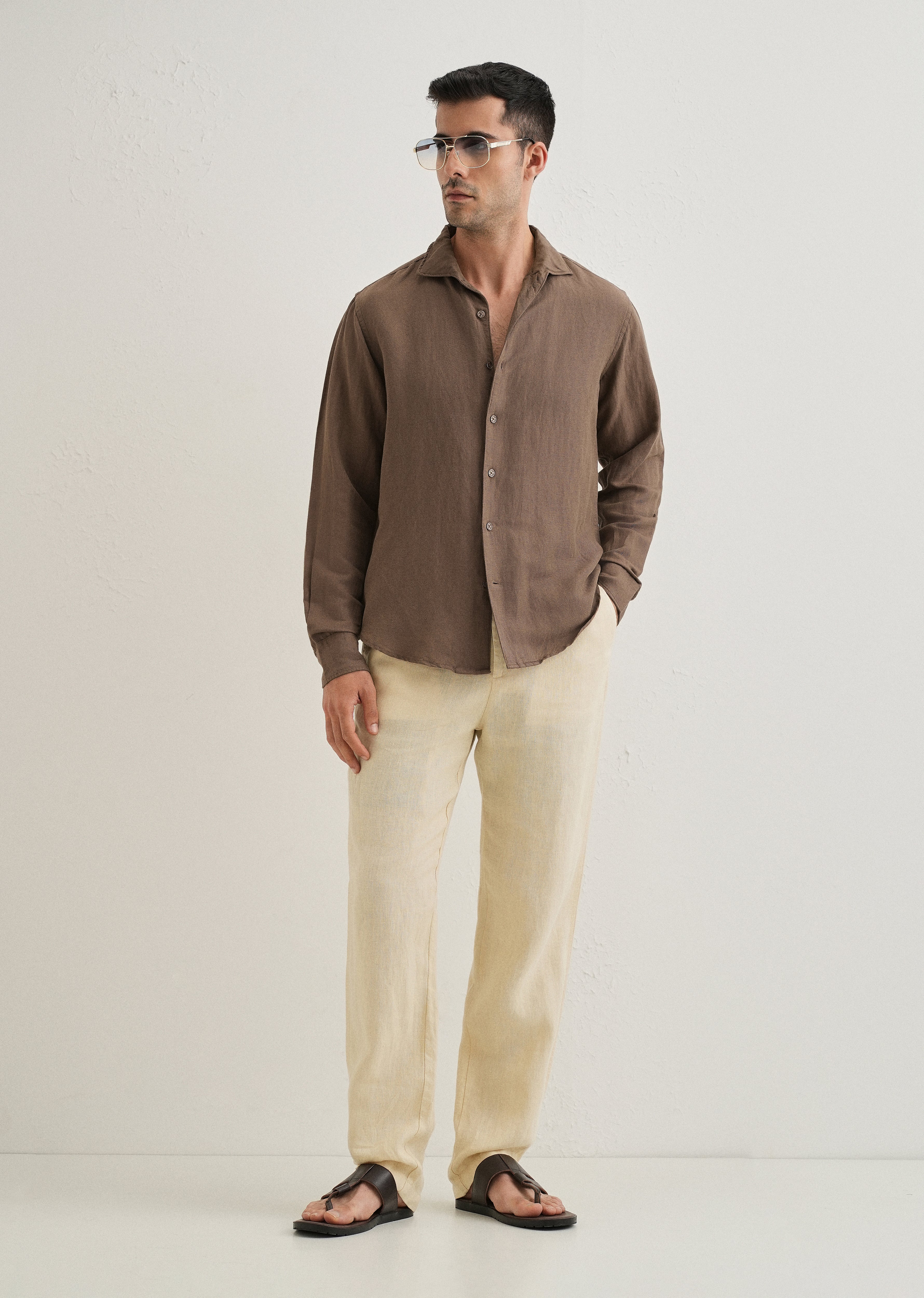 Brown Plain Linen Viscose Shirt