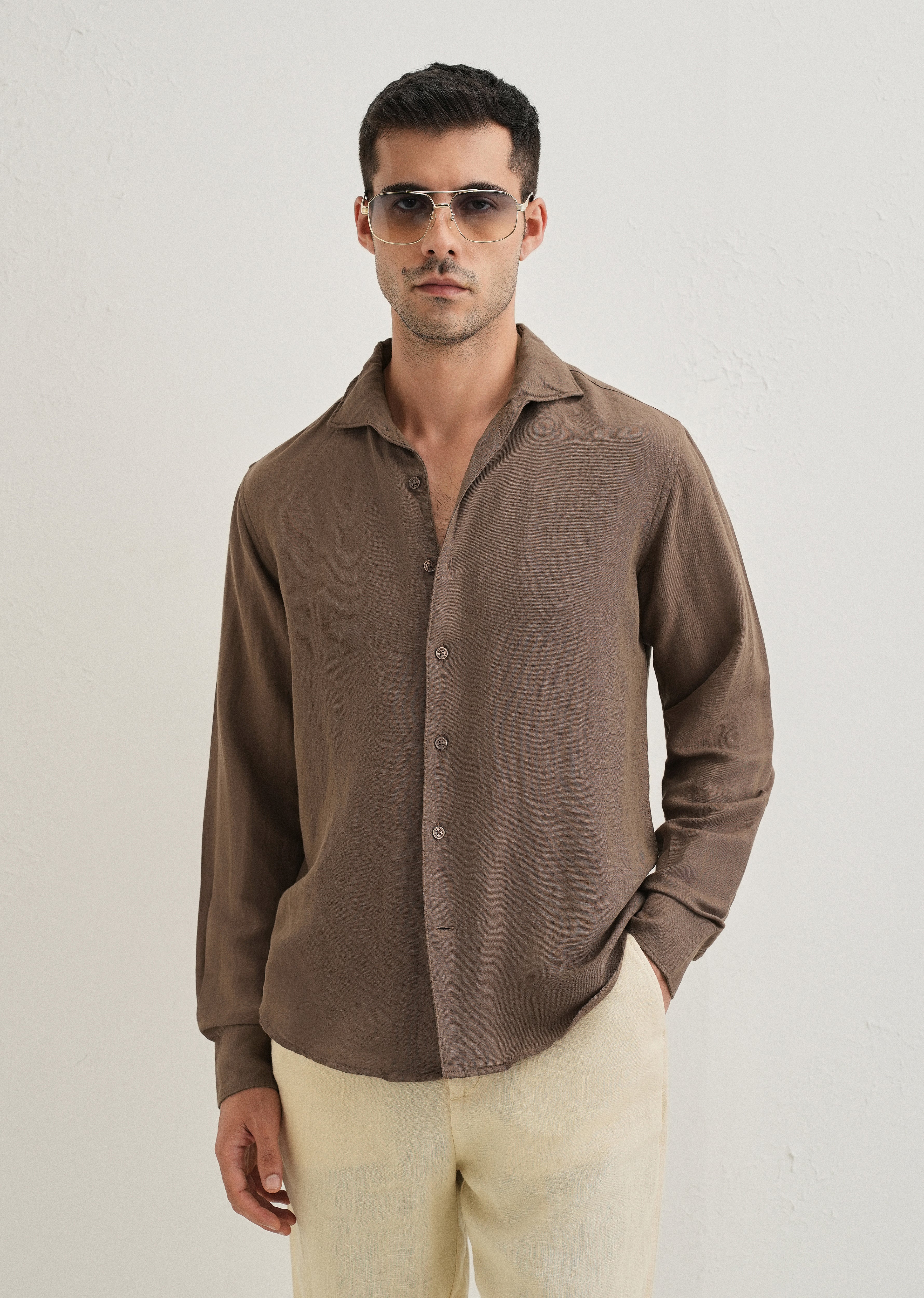 Brown Plain Linen Viscose Shirt