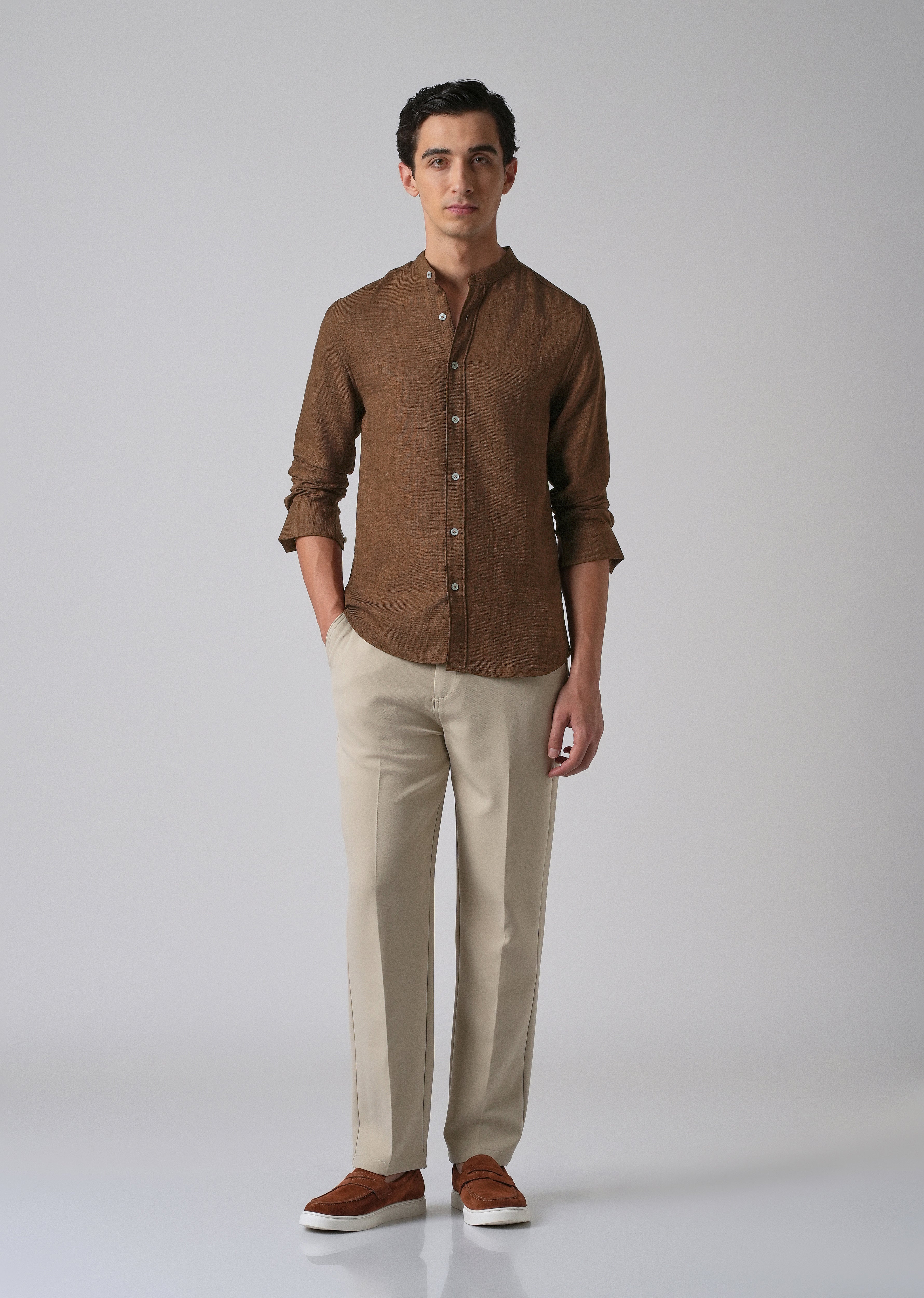 Brown Plain Mandarin Collar Shirt