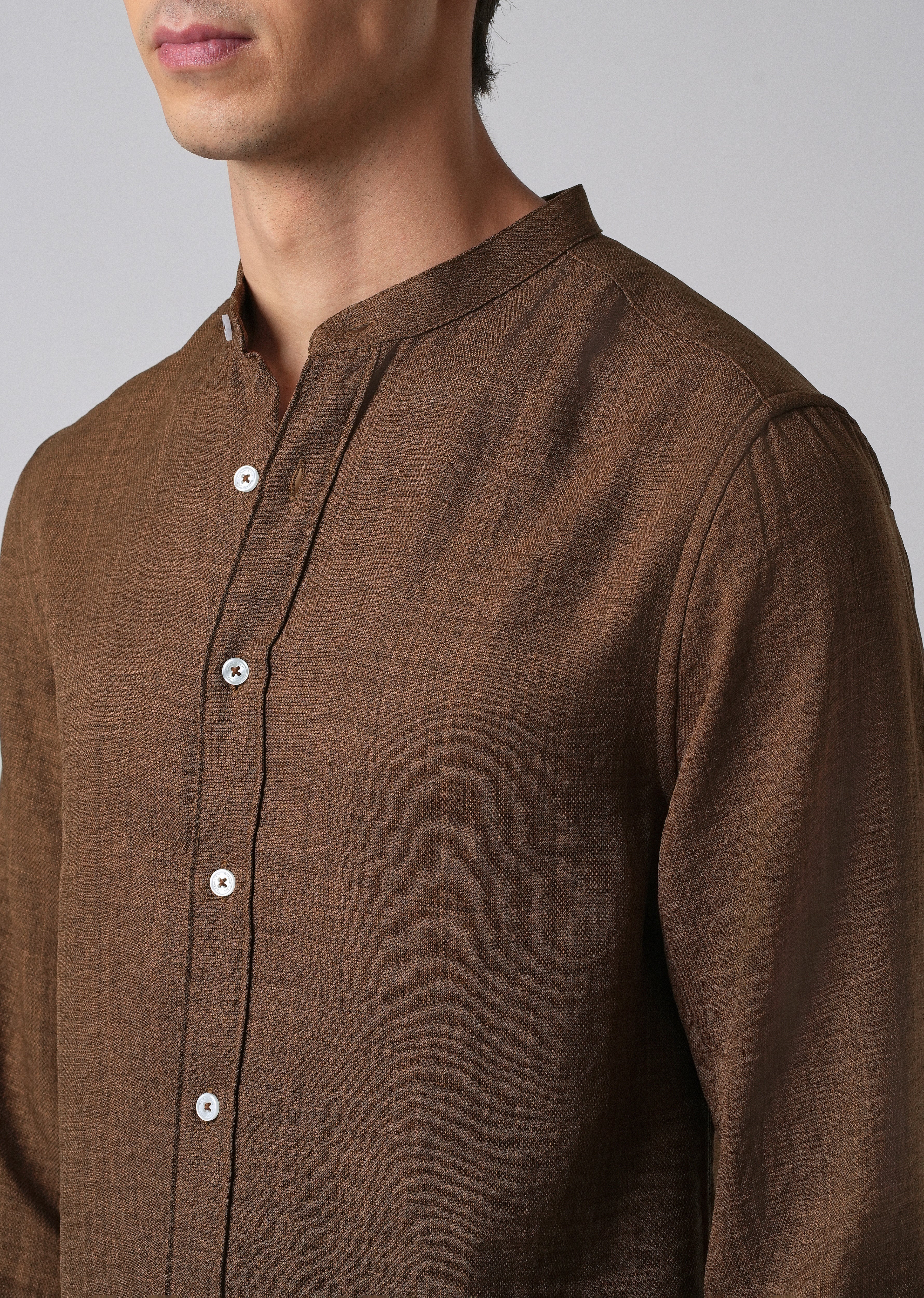 Brown Plain Mandarin Collar Shirt