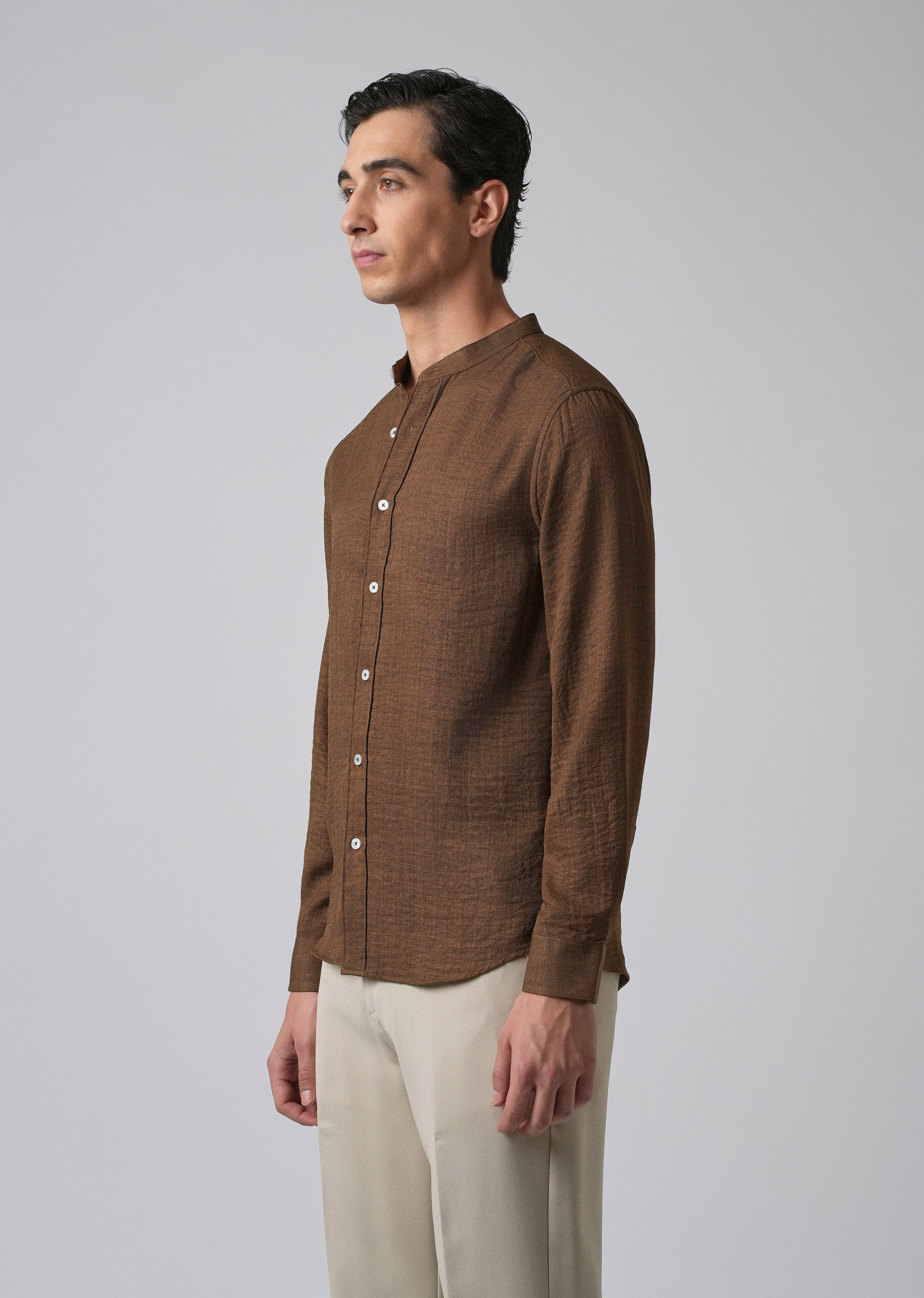 Brown Plain Mandarin Collar Shirt