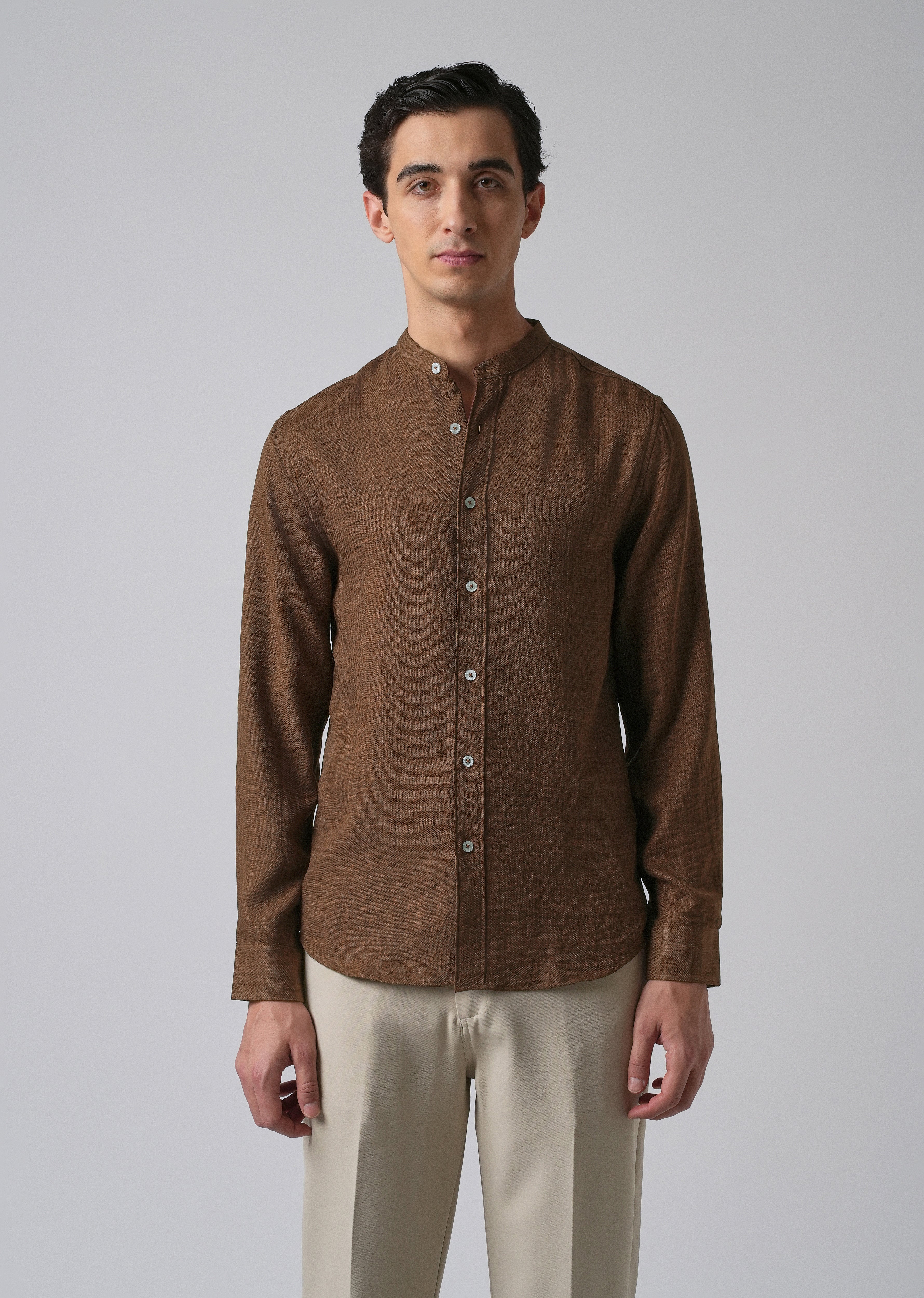 Brown Plain Mandarin Collar Shirt