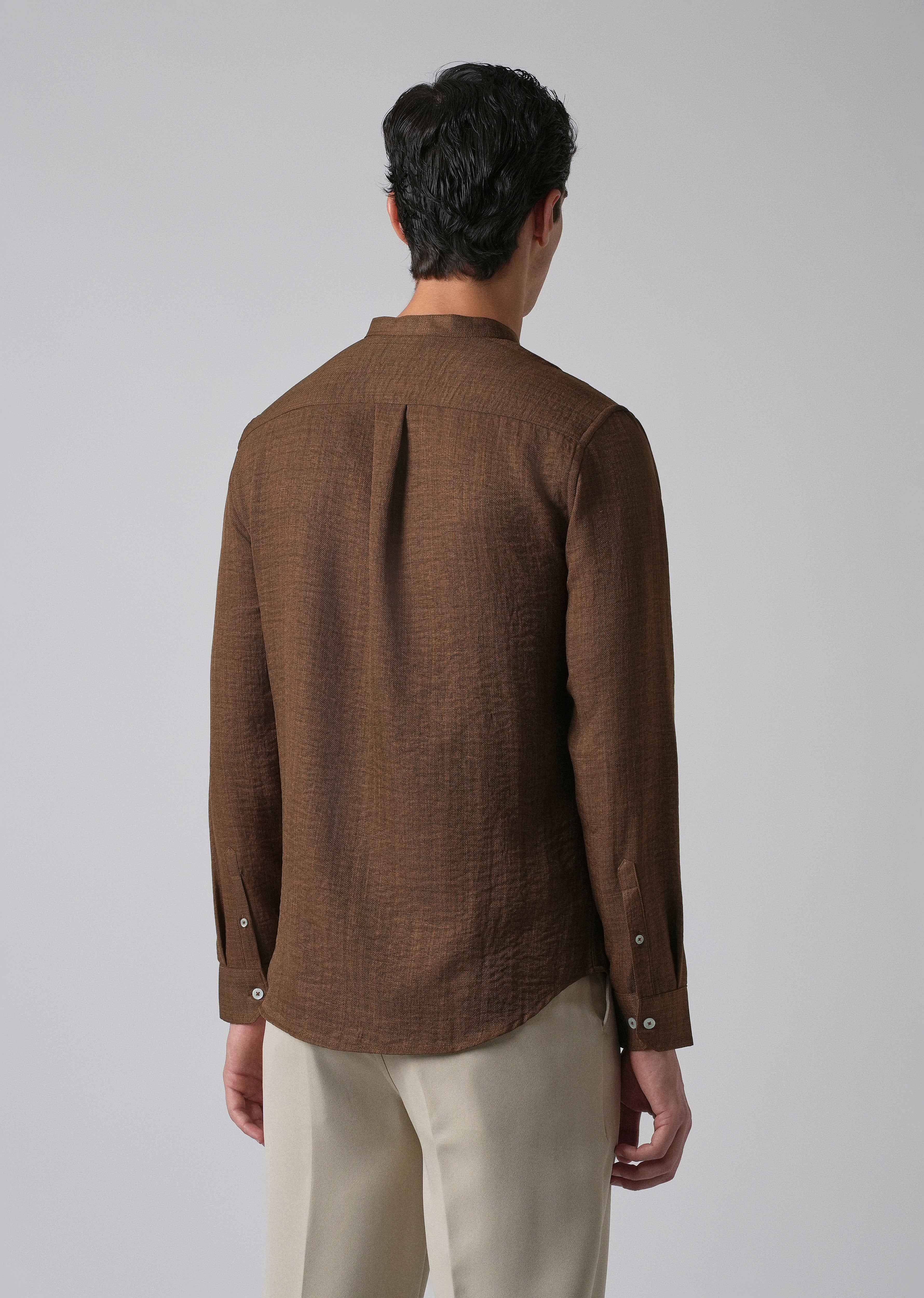 Brown Plain Mandarin Collar Shirt