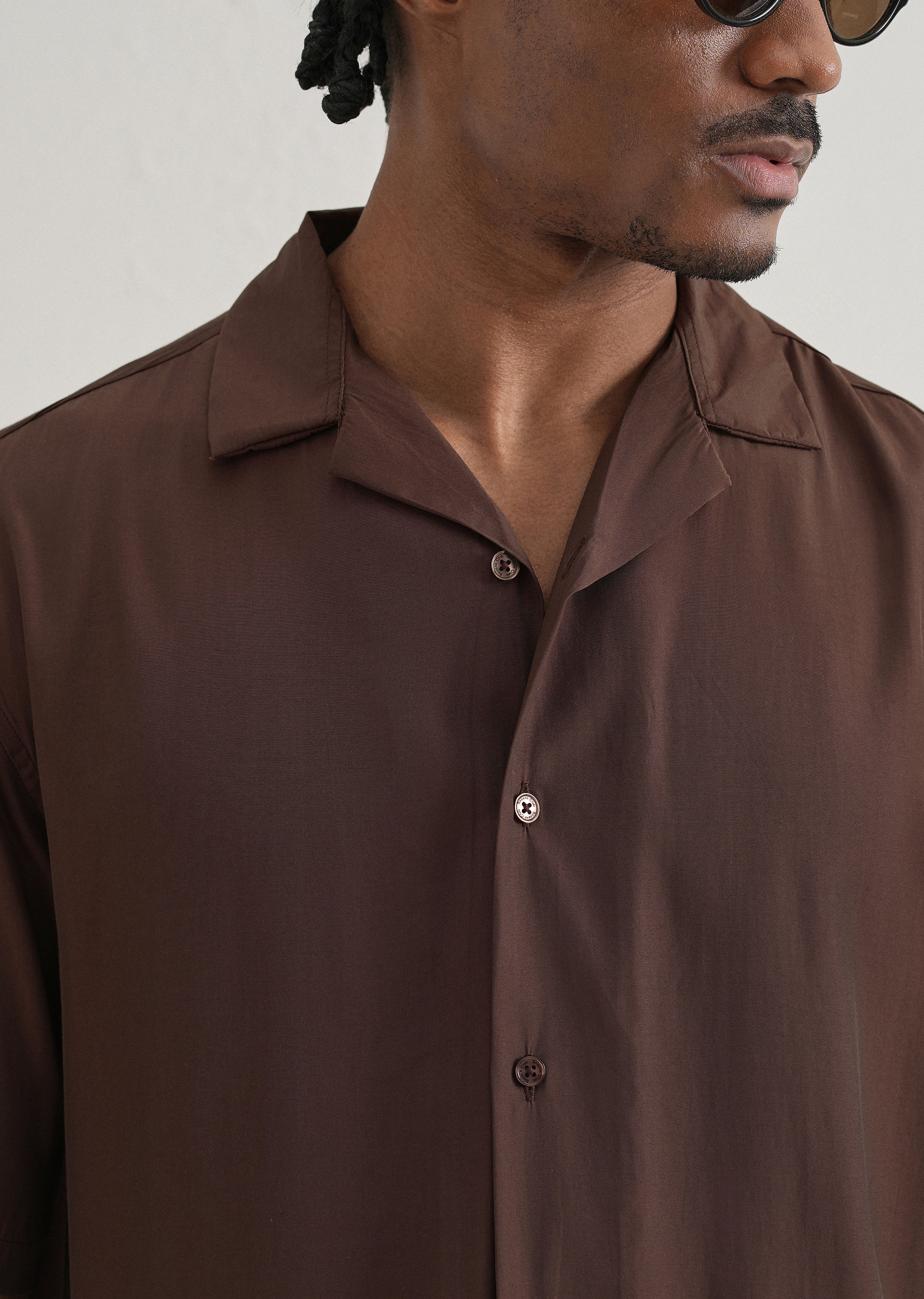 Brown Plain Sheen Cuban Collar Shirt