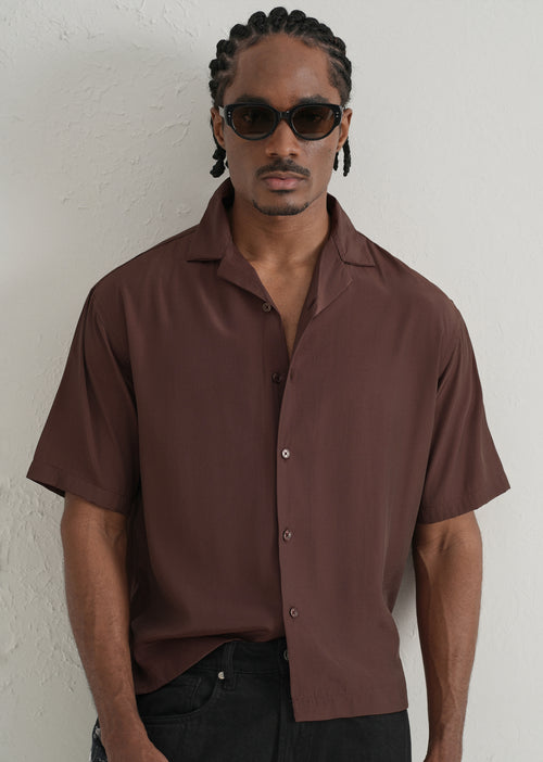 Brown Plain Sheen Cuban Collar Shirt