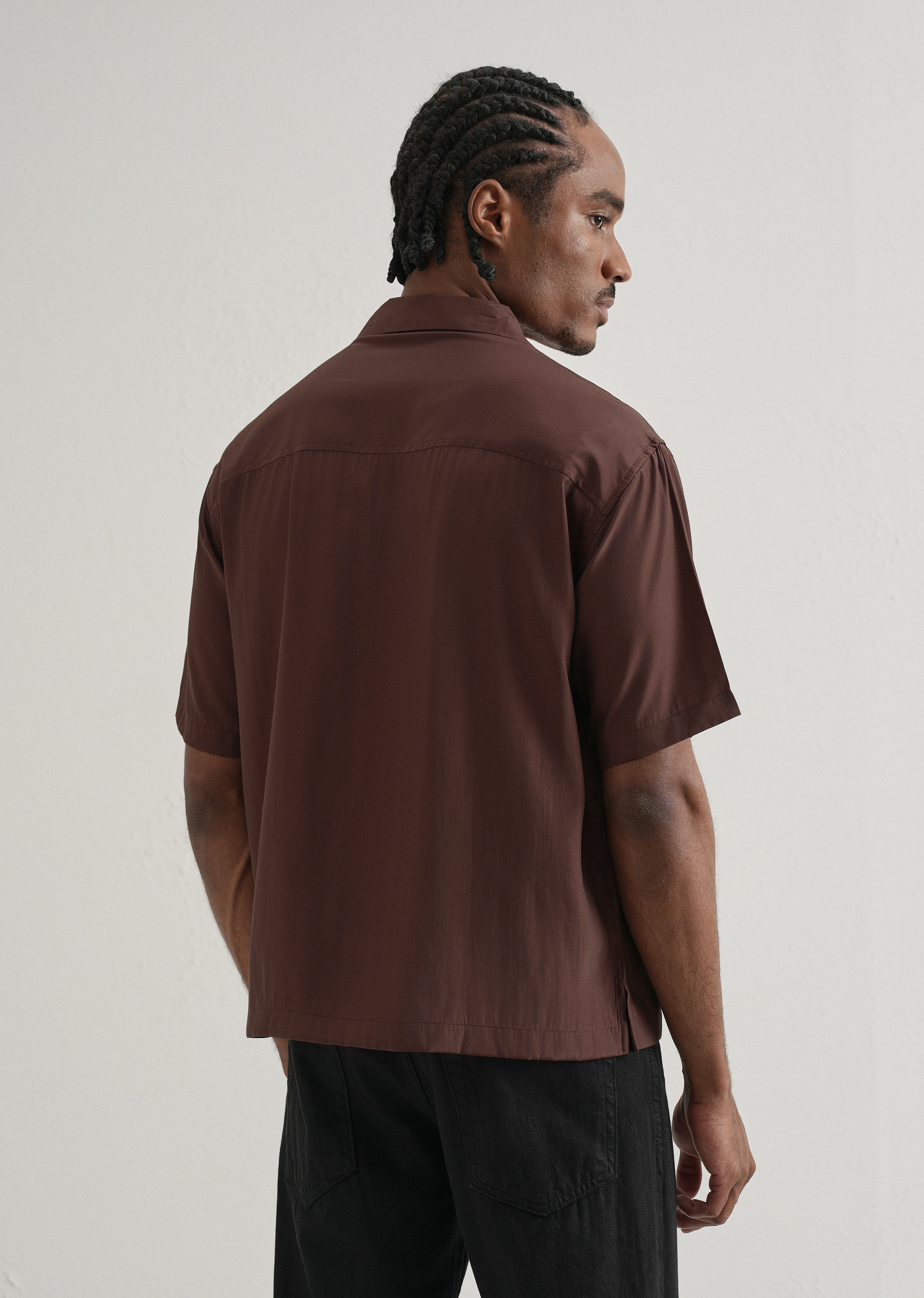 Brown Plain Sheen Cuban Collar Shirt