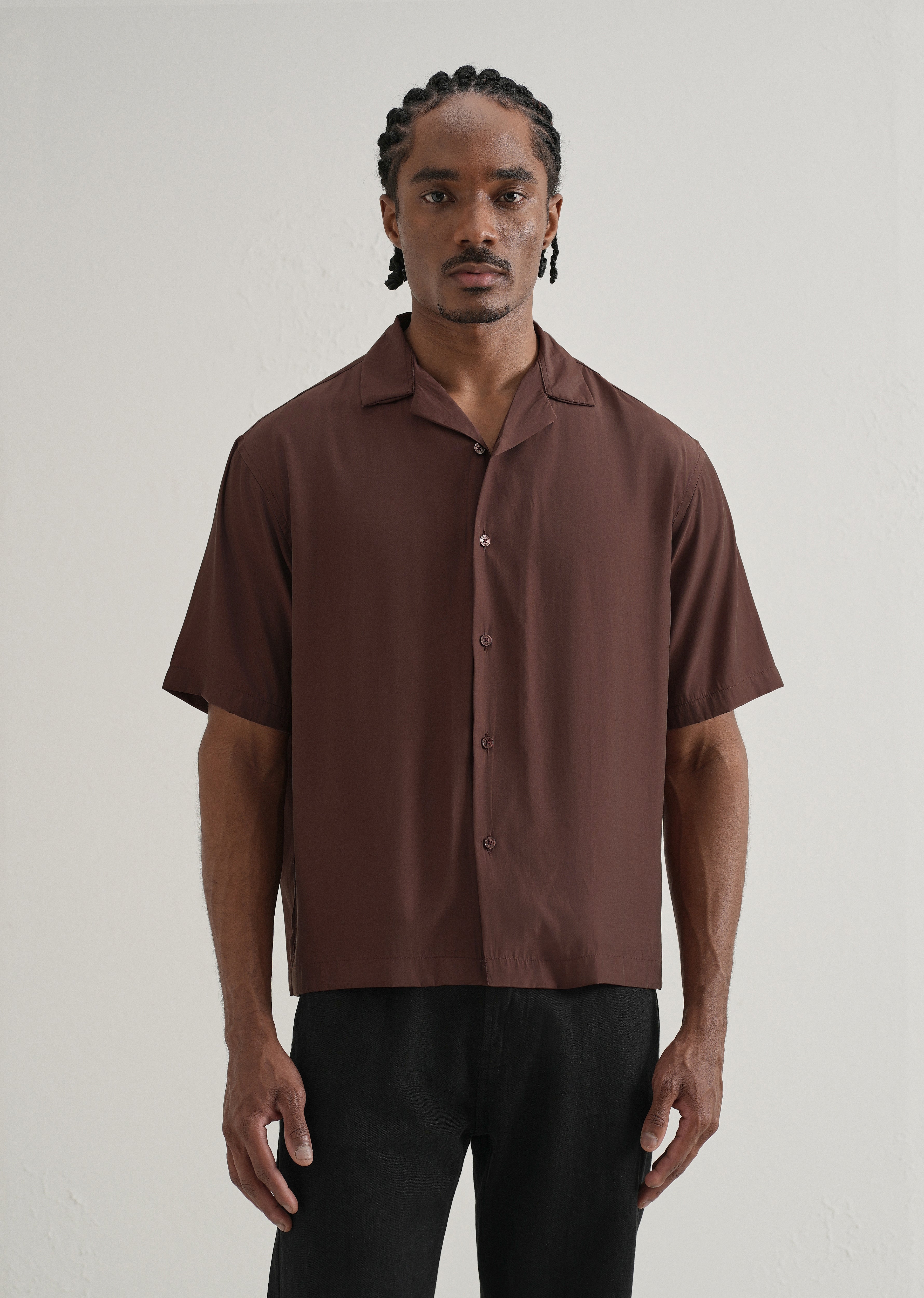 Brown Plain Sheen Cuban Collar Shirt