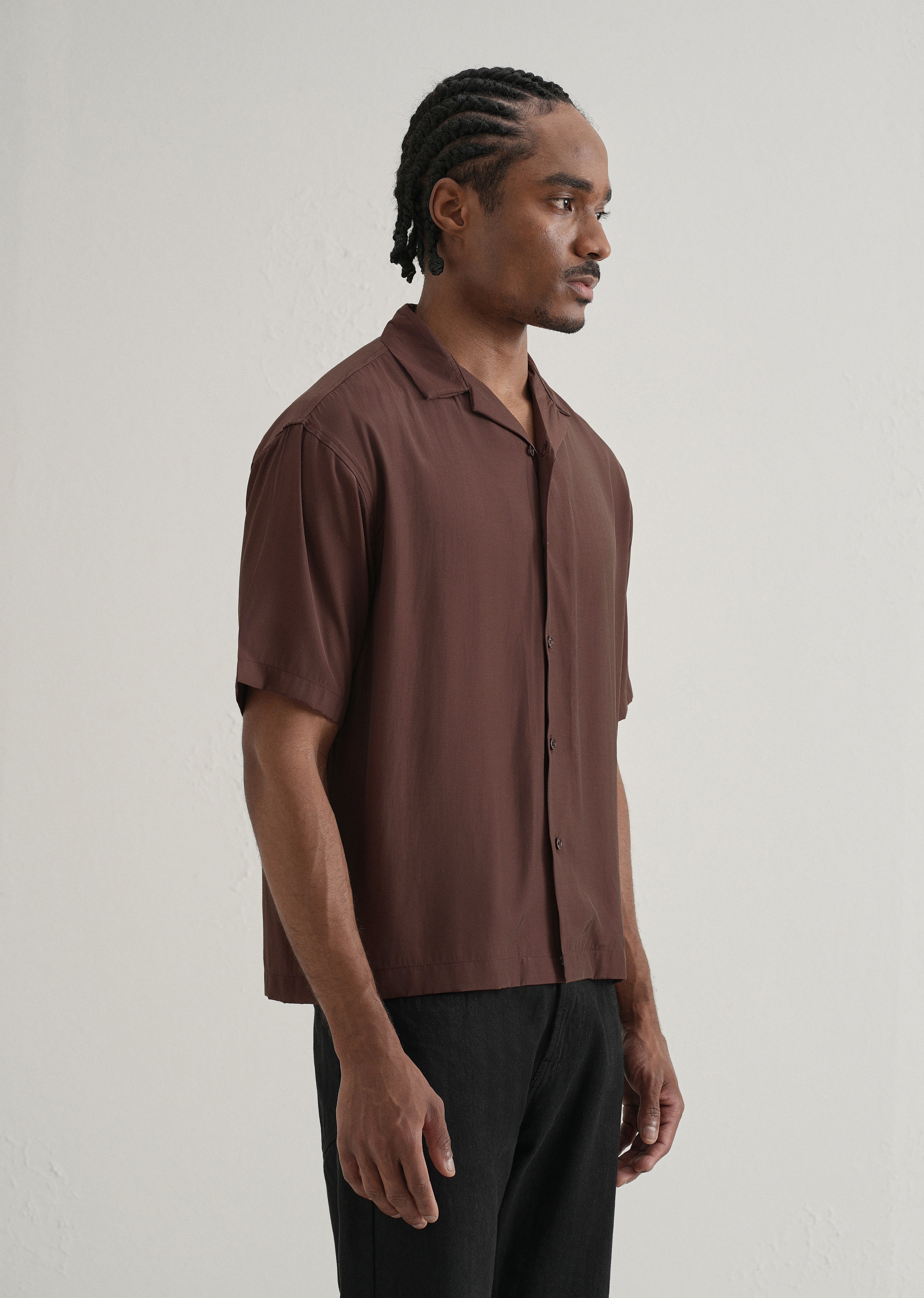 Brown Plain Sheen Cuban Collar Shirt