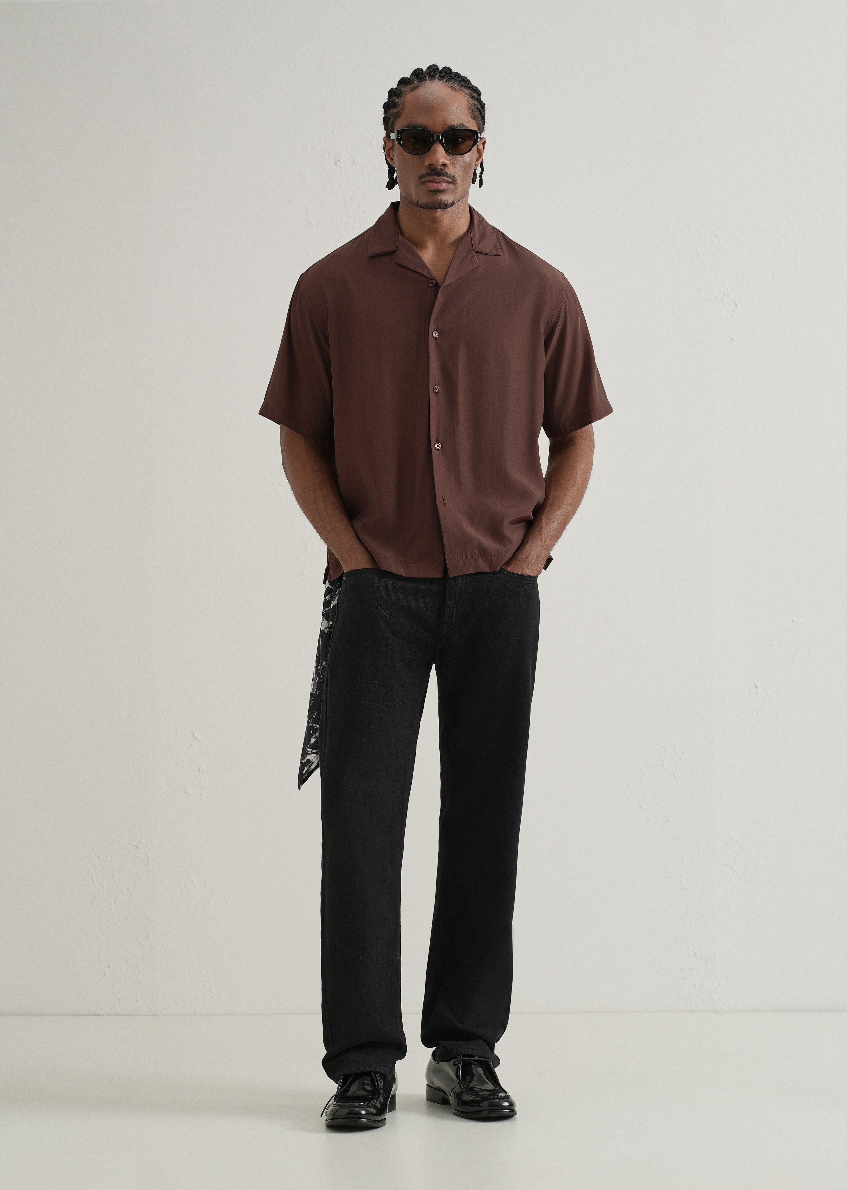 Brown Plain Sheen Cuban Collar Shirt