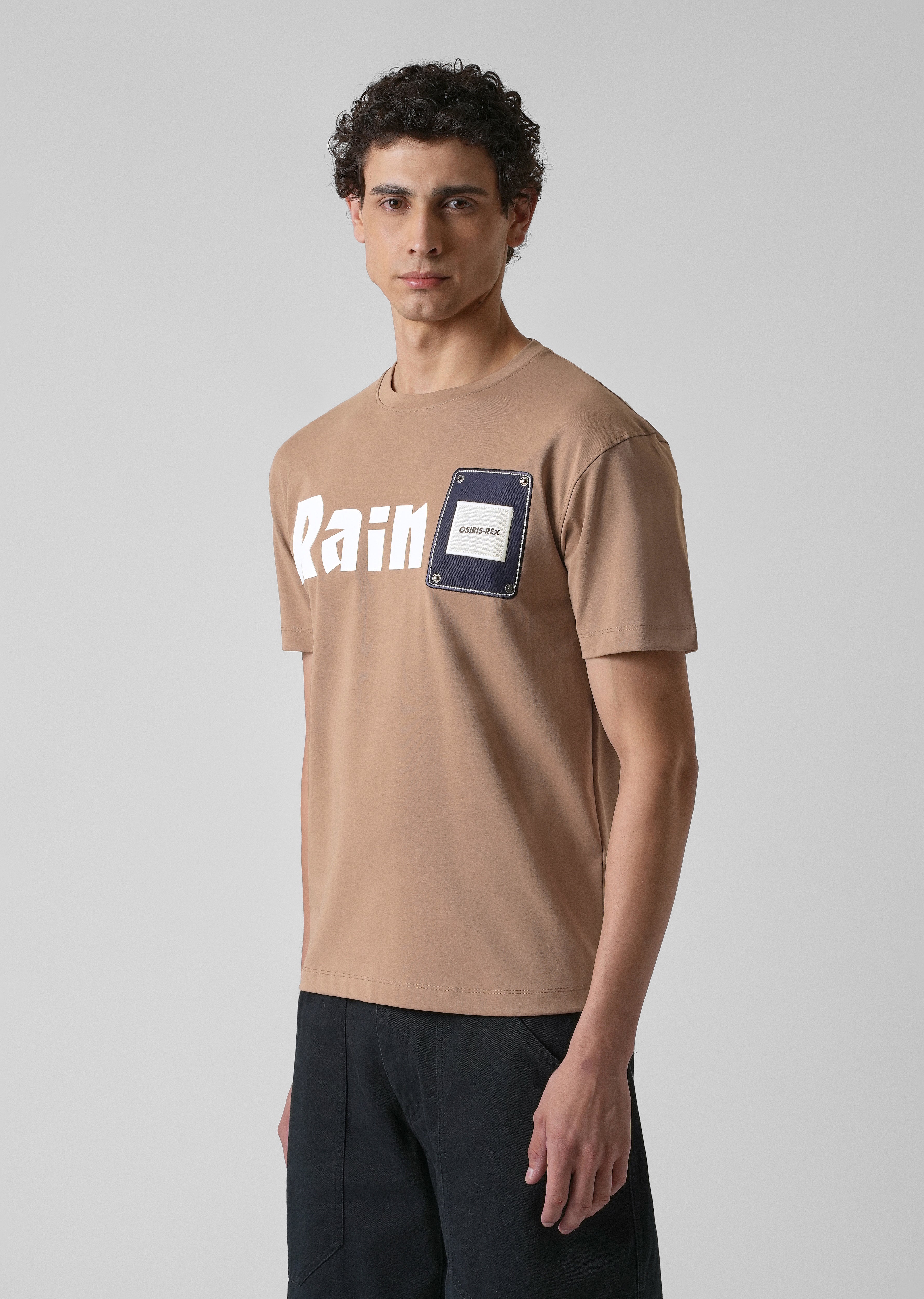 Brown Printed Patch Slim Fit T-shirt